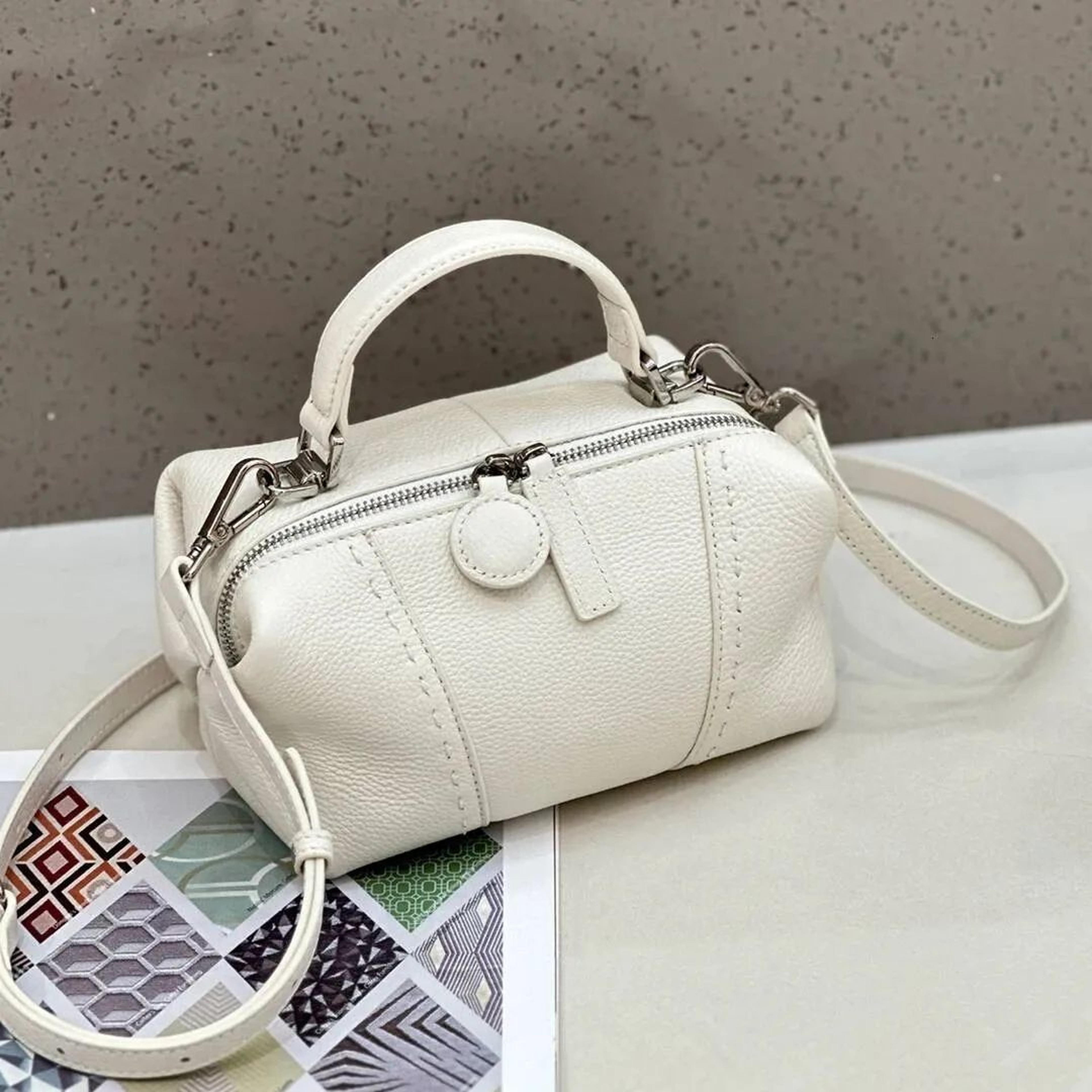Women Mini Boston Shoulder Bag With Soft Pebbled Leather And Contrast Stitching 1