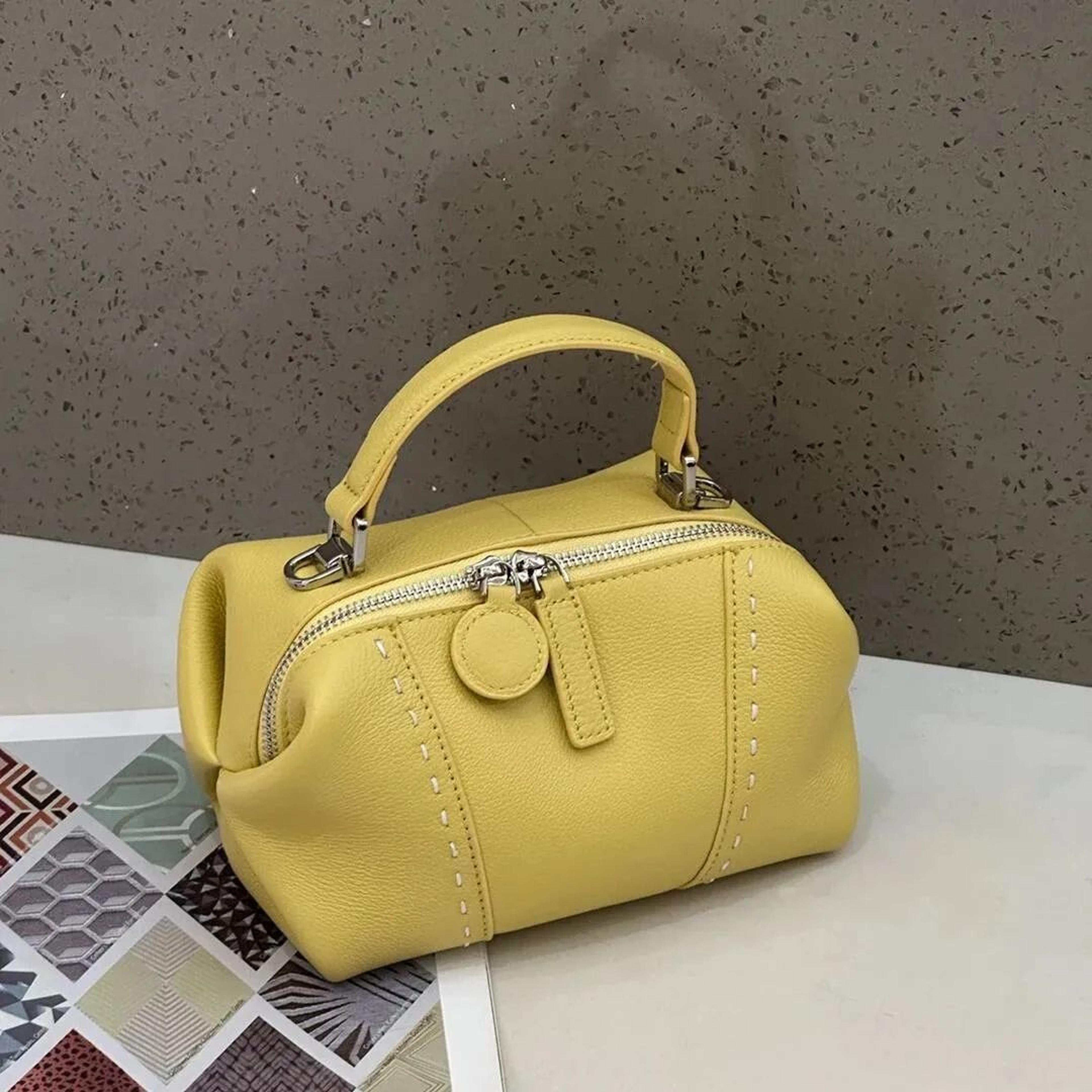 Women Mini Boston Shoulder Bag With Soft Pebbled Leather And Contrast Stitching 6