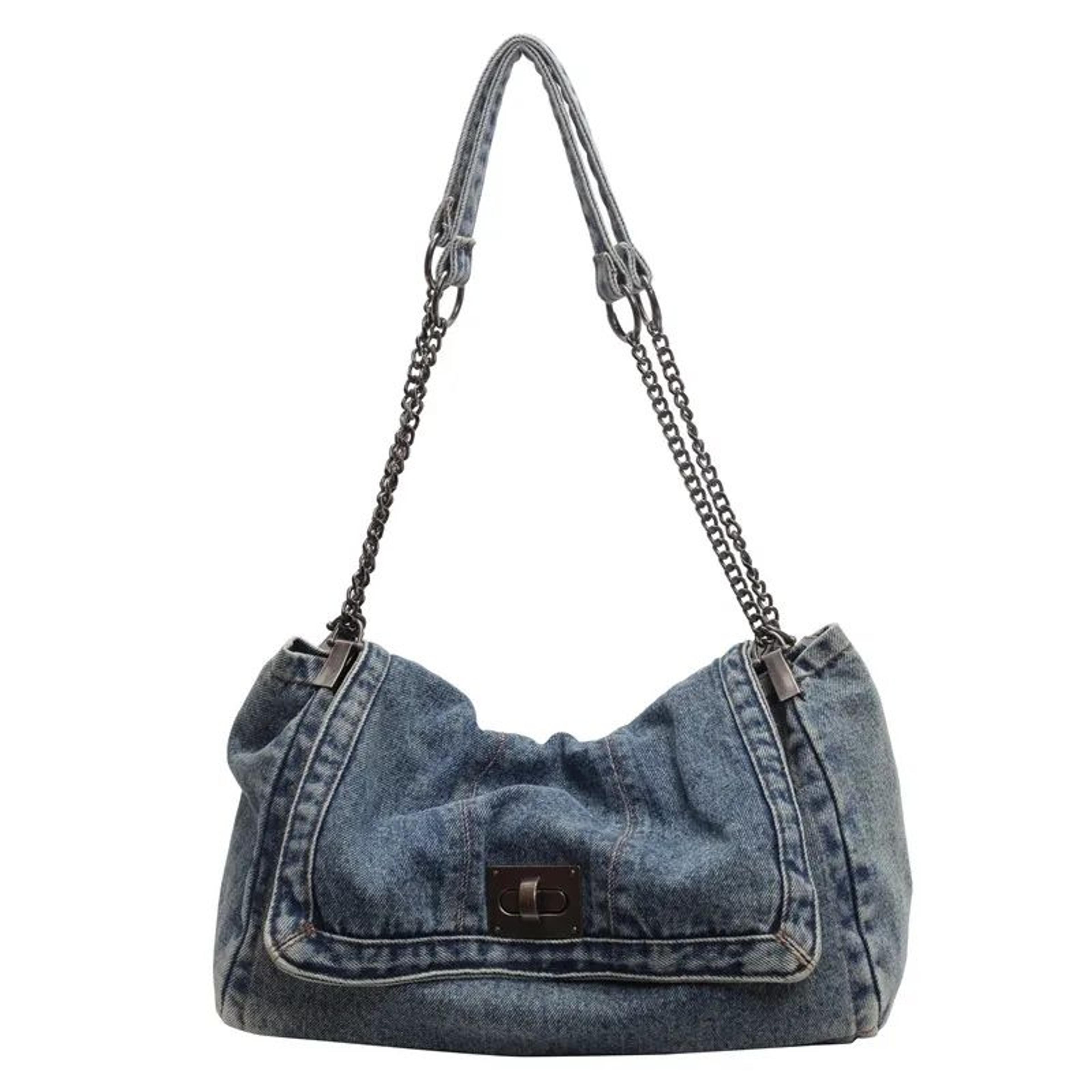 Women Denim Tote Bag With Adjustable Chain Strap And Convertible Crossbody Design 2