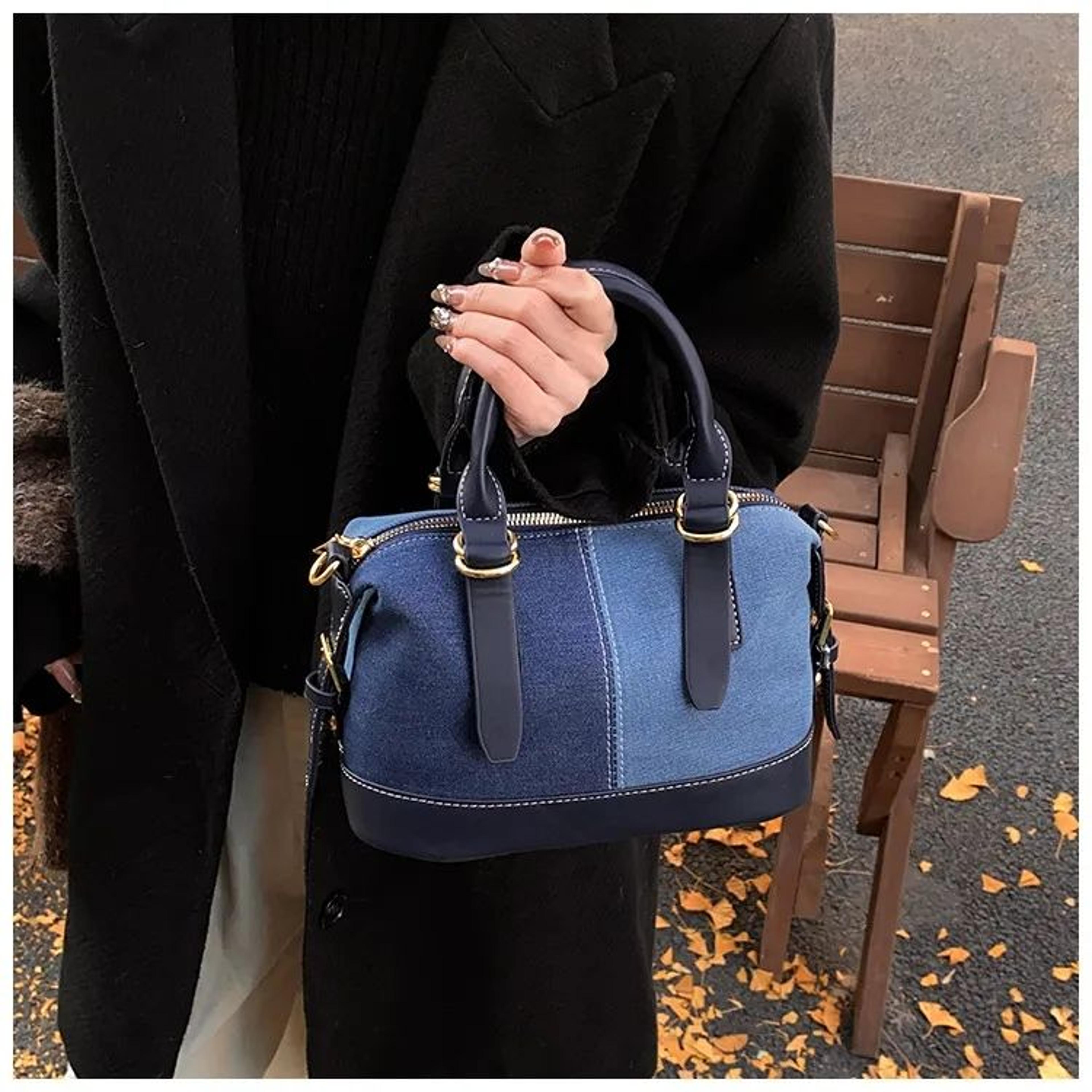 women color block denim bucket bag casual crossbody shoulder handbag