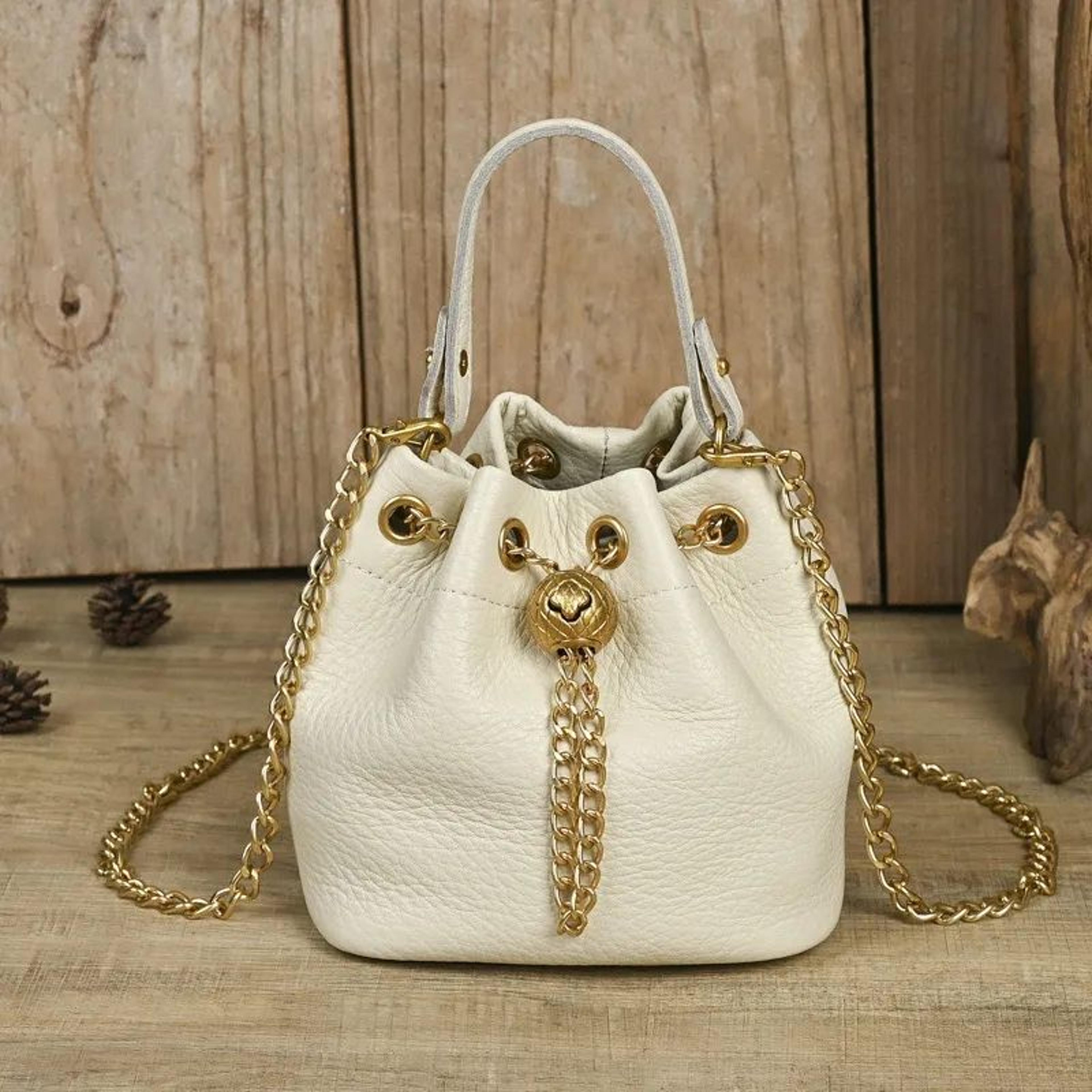 Womens Soft Cowhide Leather Bucket Bag With GoldTone Chain Strap 2