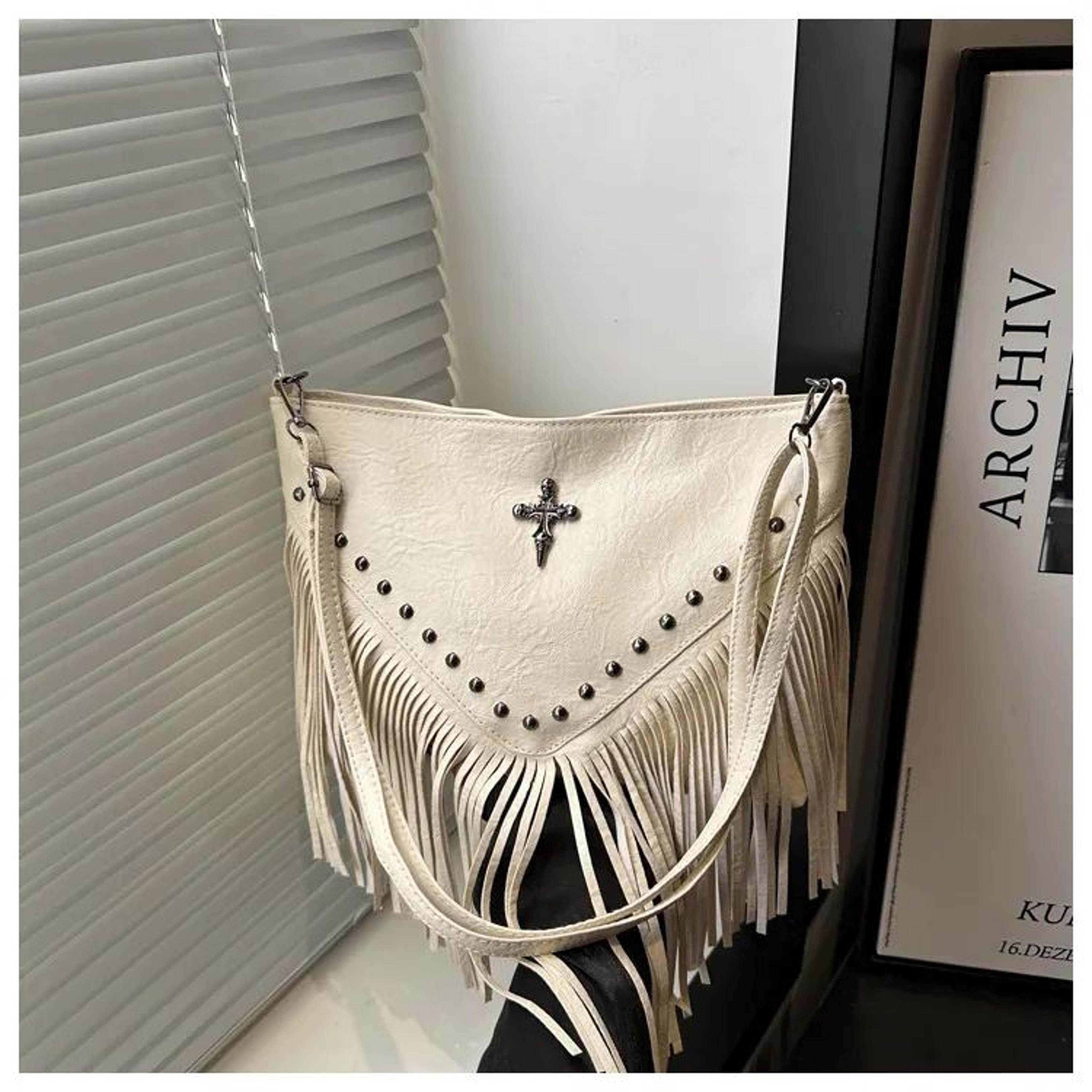 Women Fringe Crossbody Hobo Bag With Rivet Details And Cross Charm 3