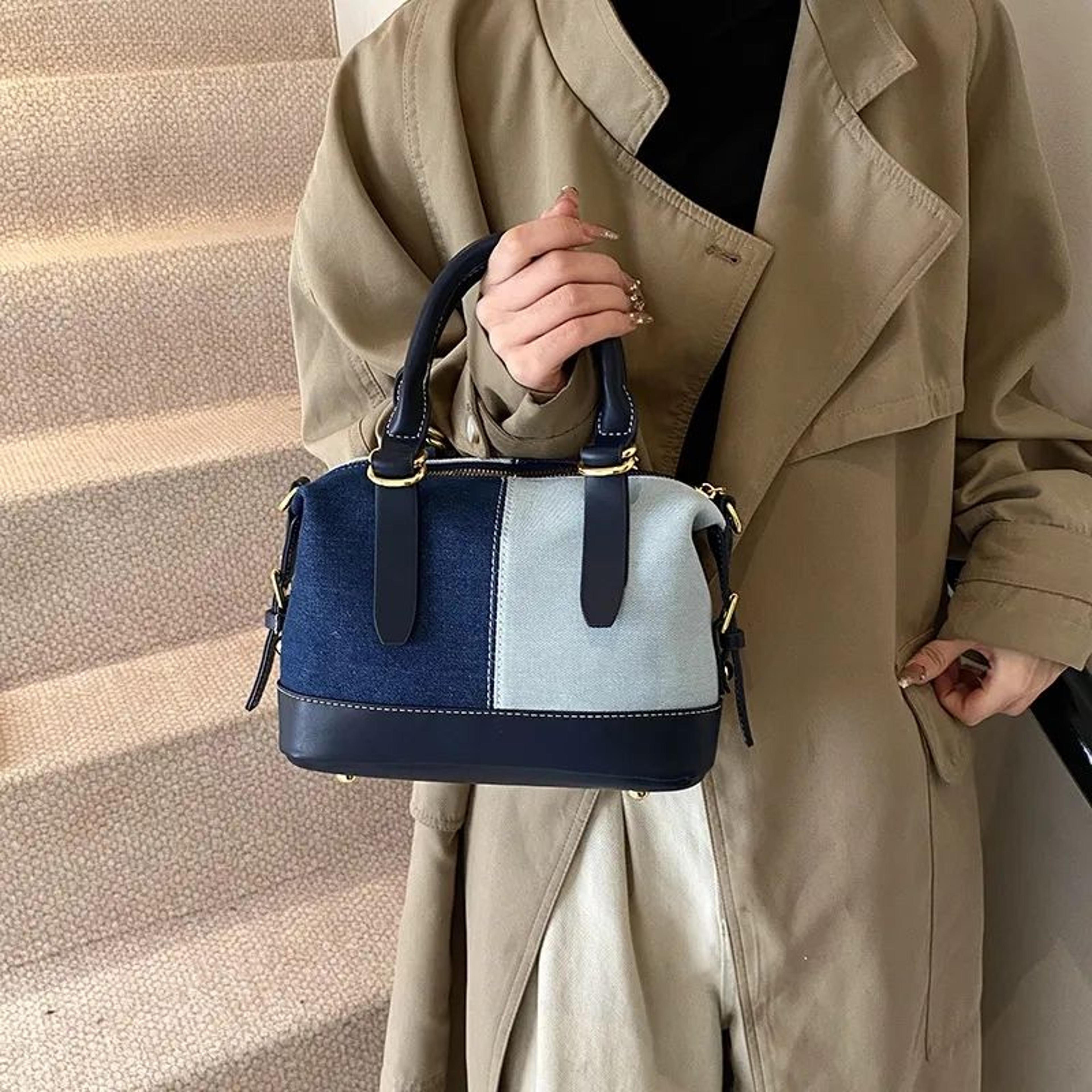 Womens Color Block PU Shoulder Bag Casual Crossbody Bucket Handbag 2