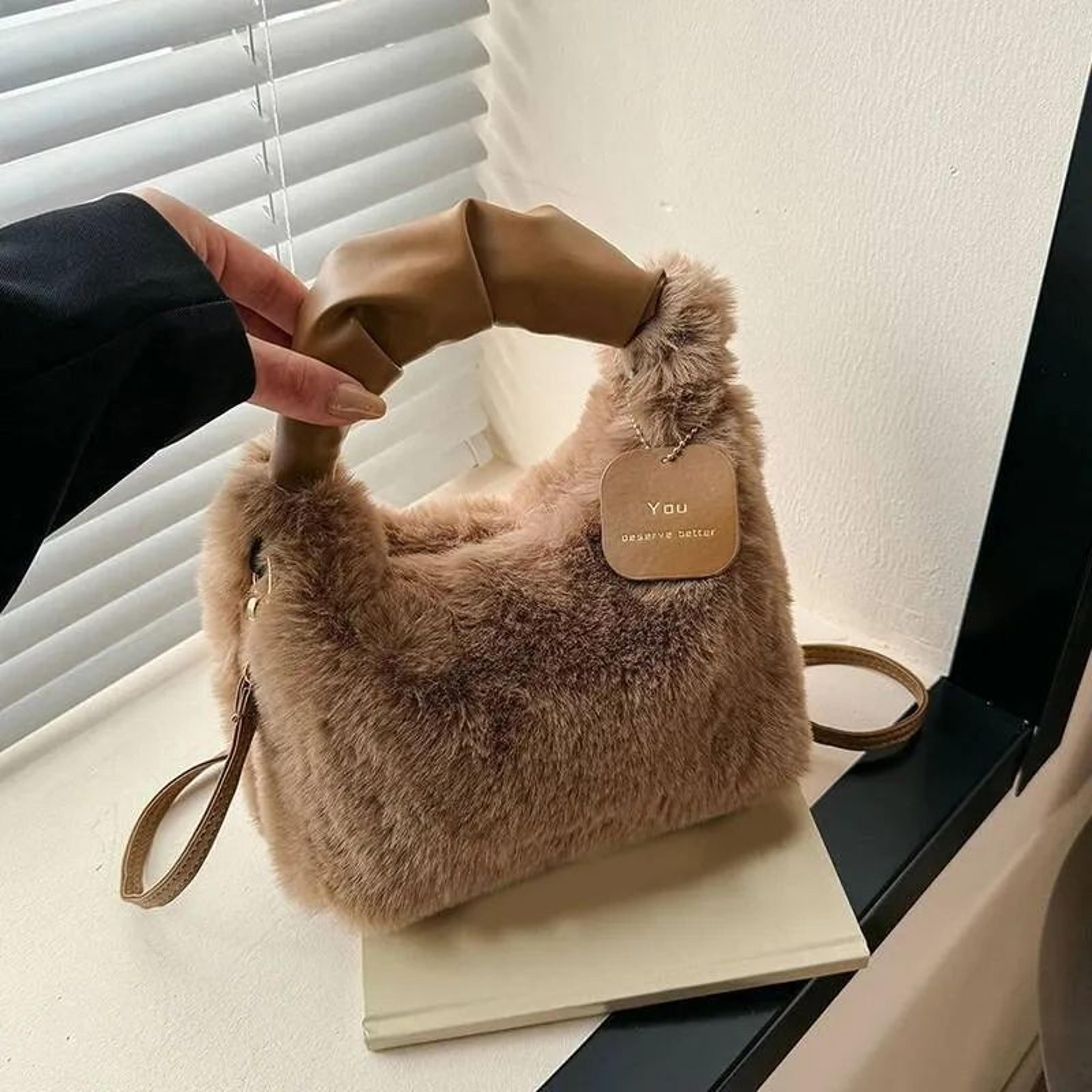 Faux Fur Plush HalfMoon Shoulder Bag With Ruched Handle For Women 3