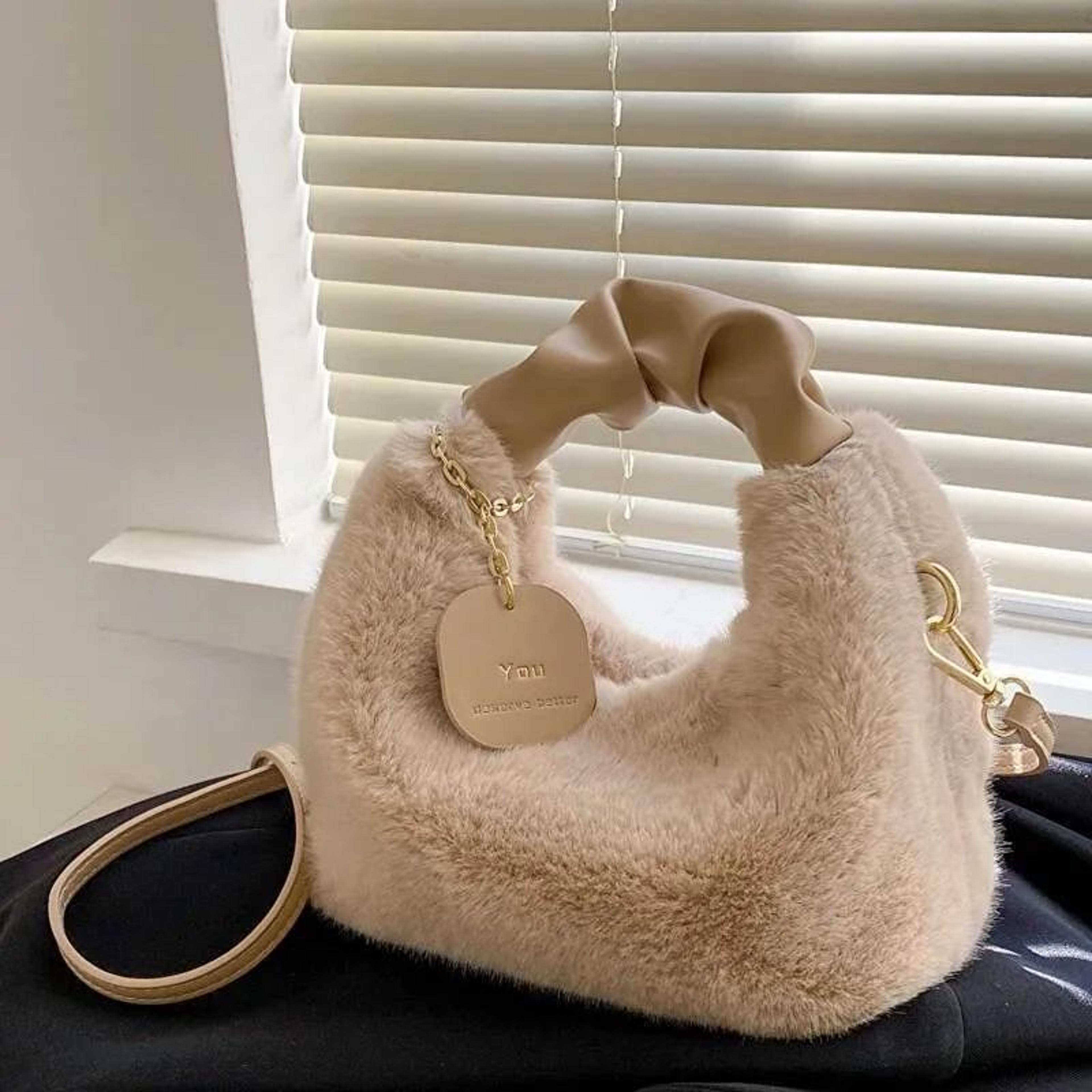 Faux Fur Plush HalfMoon Shoulder Bag With Ruched Handle For Women 2