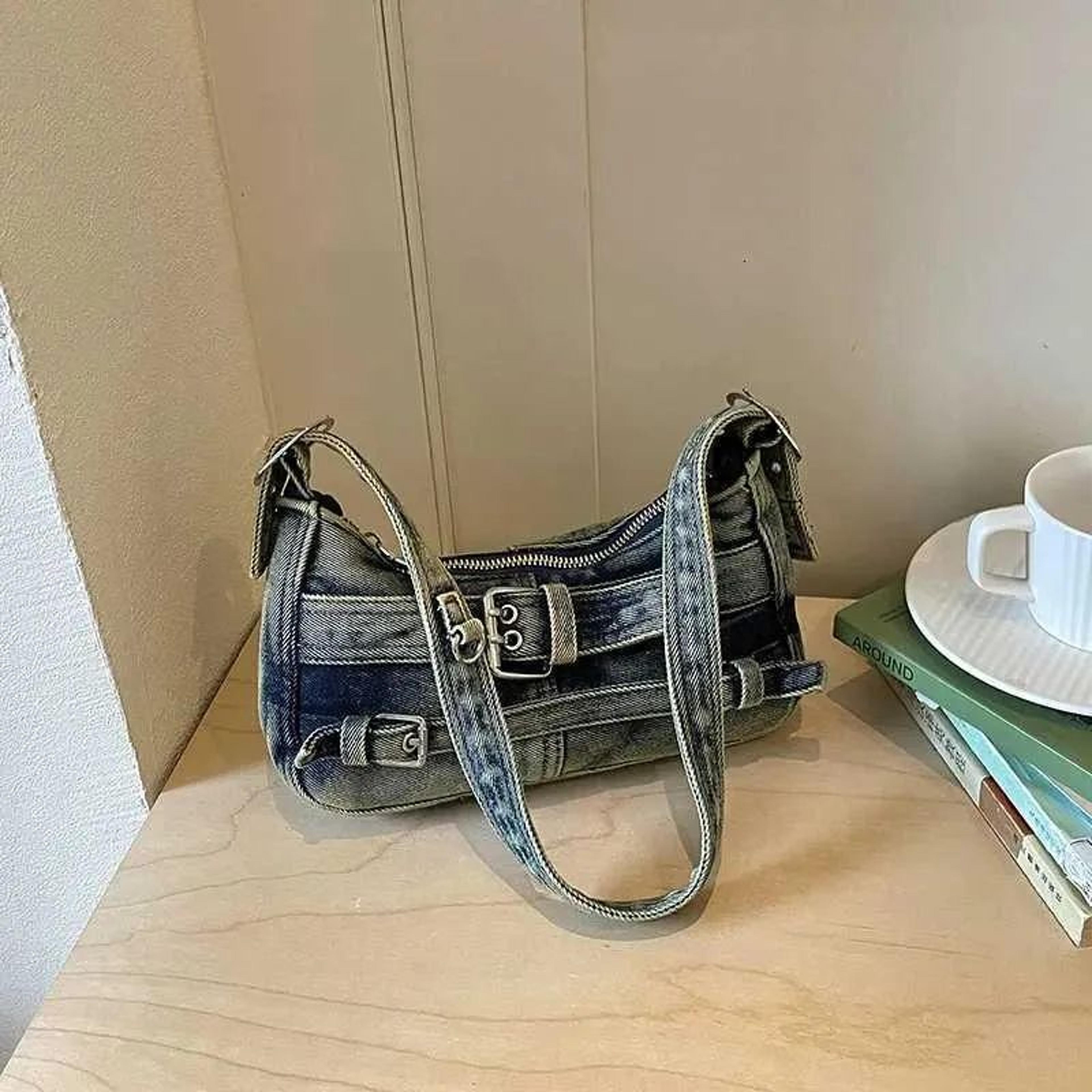Vintage Washed Denim Shoulder Bag With Belt Buckle Detail For Women 2