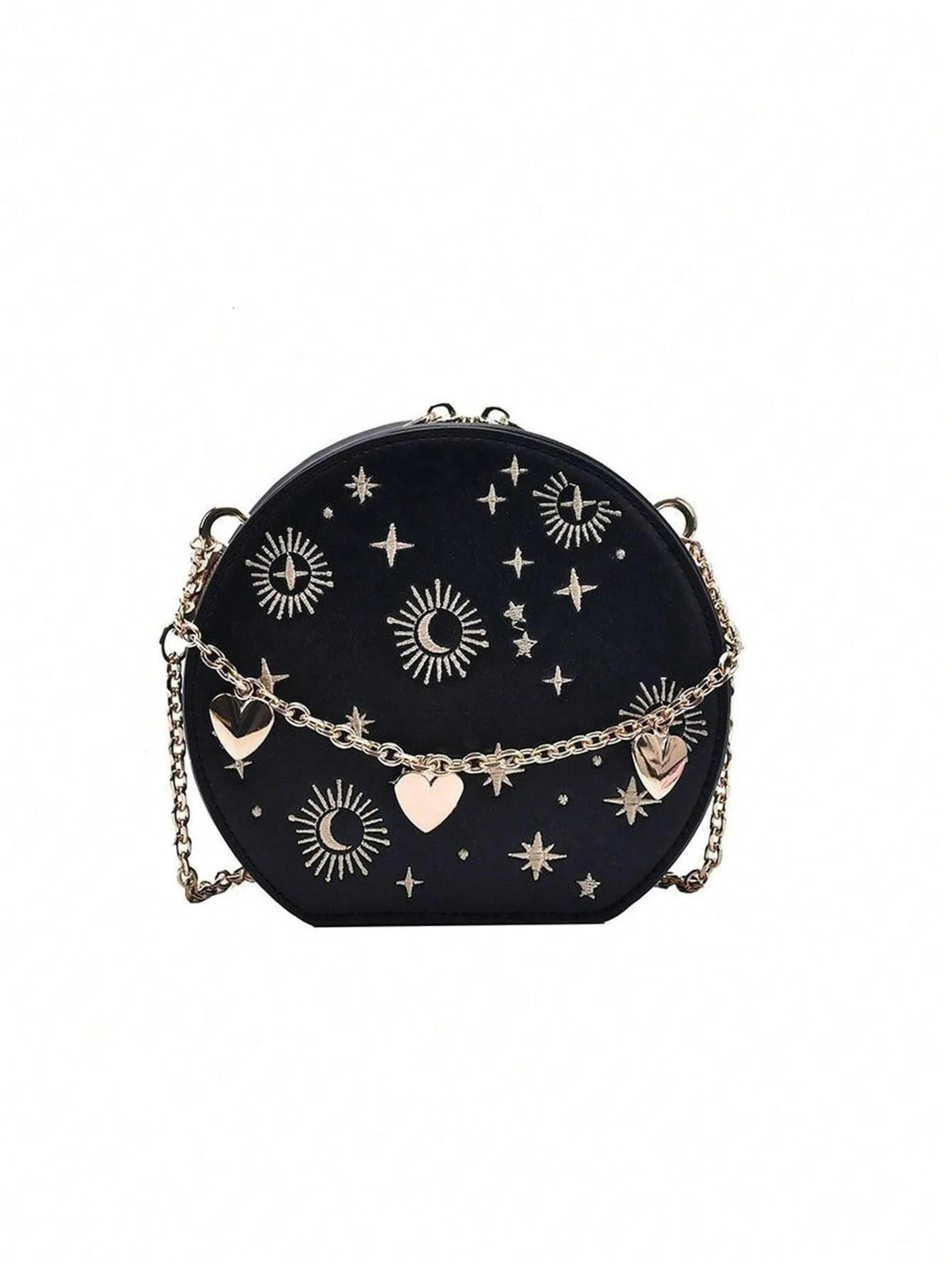 Vintage Embroidered Round Handbag With Stars And Moons And Adjustable Chain Strap 1