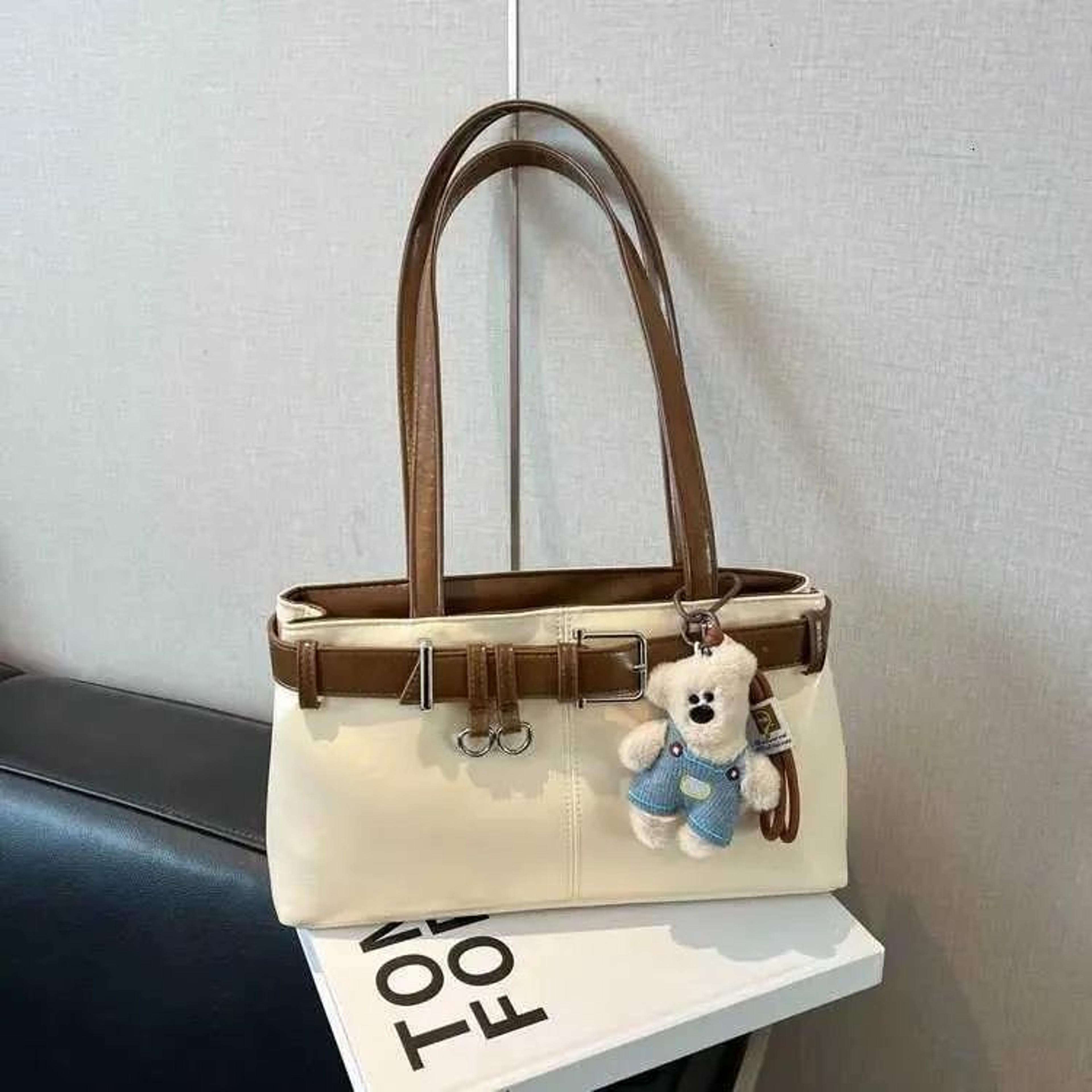 Women Leather Shoulder Bag With Belt Detail And Teddy Bear Accent 2