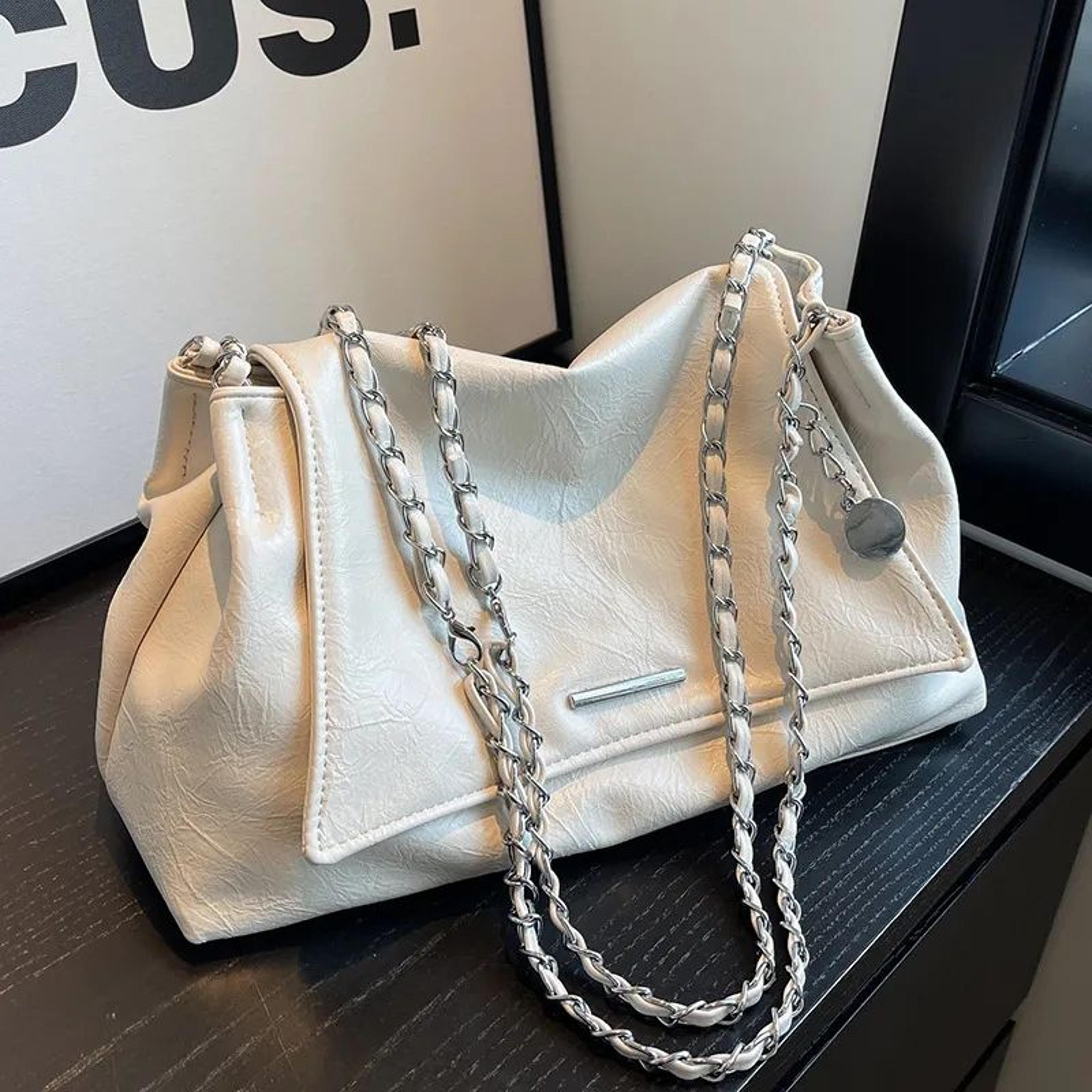 Women Large Capacity Soft Leather Tote Bag With Chain Shoulder Strap 4