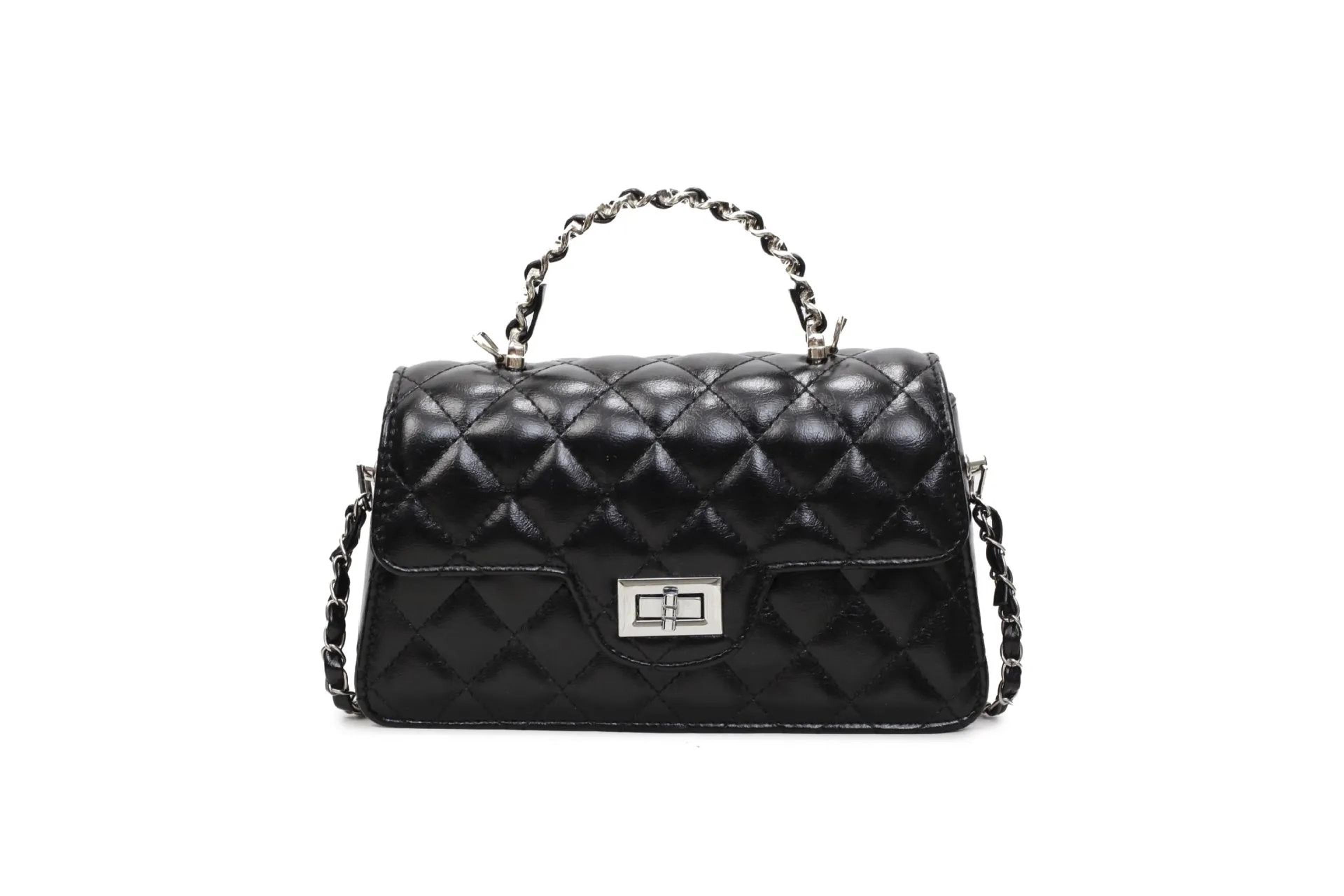 womens small square shoulder handbag with diamond grid design and chain strap