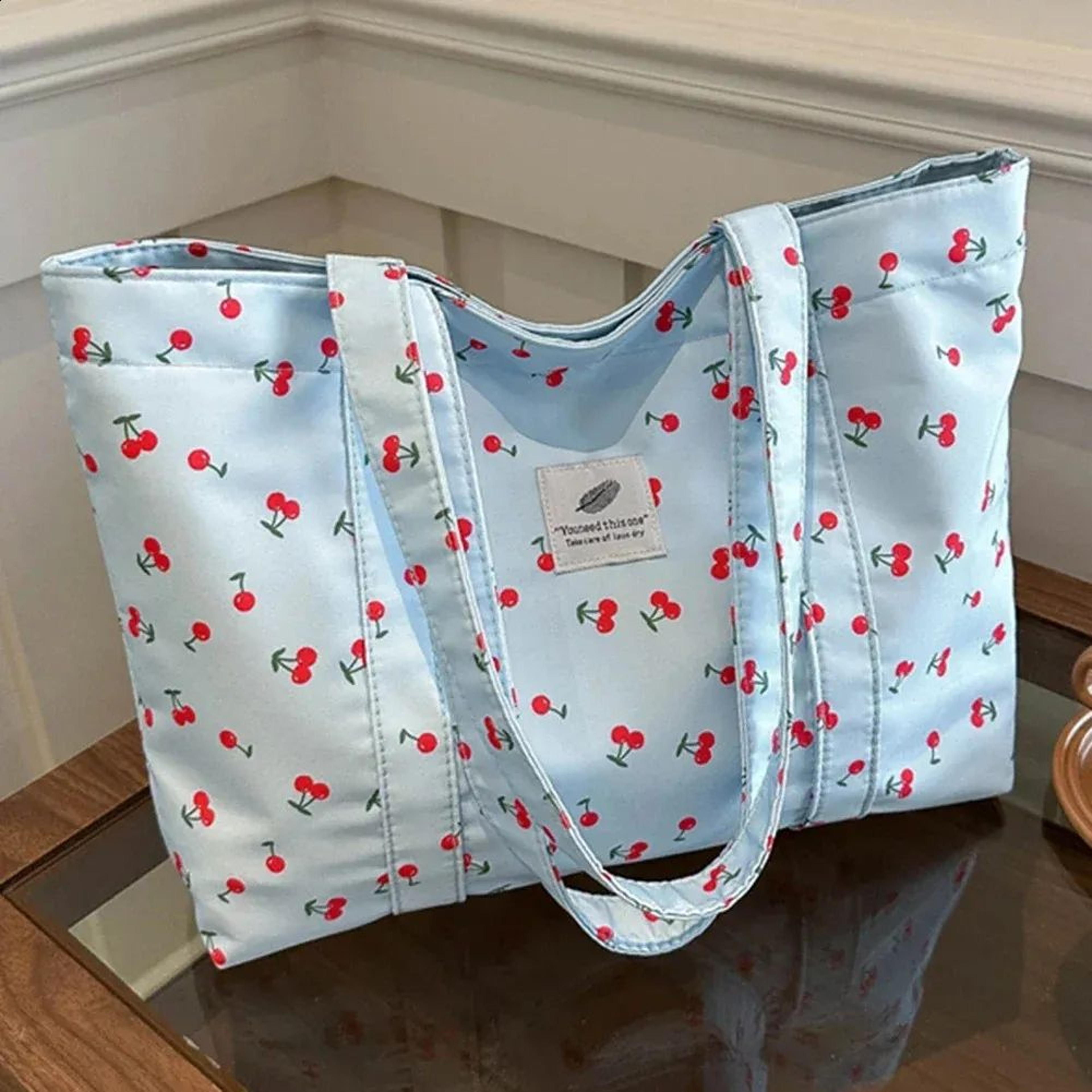Cherry Strawberry Print Nylon Tote Bag For Women Casual Shoulder Shopping Bag 1
