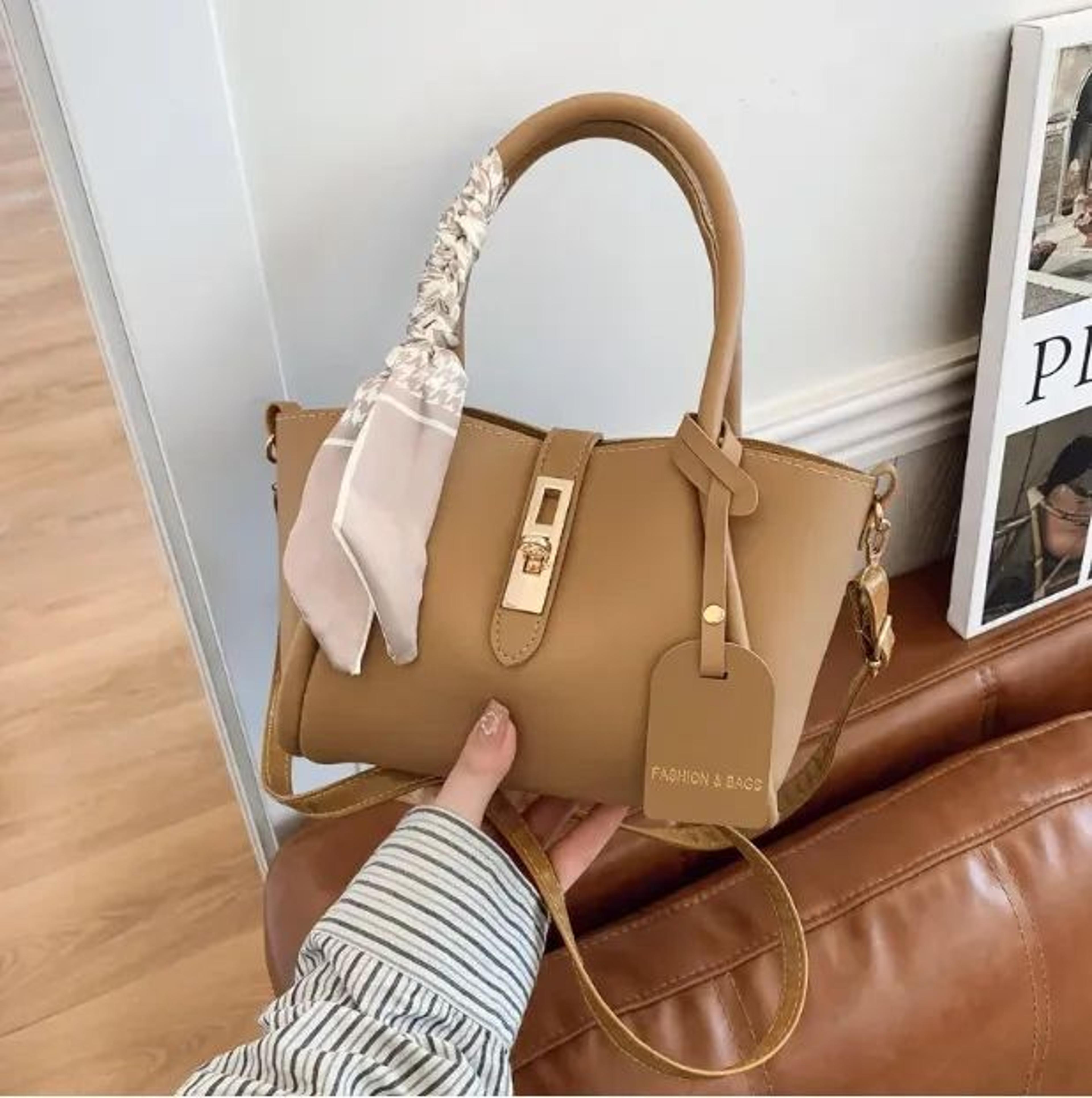 Women Large Capacity PU Leather Tote Bag With Scarf Decor And Metal Lock Buckle 1
