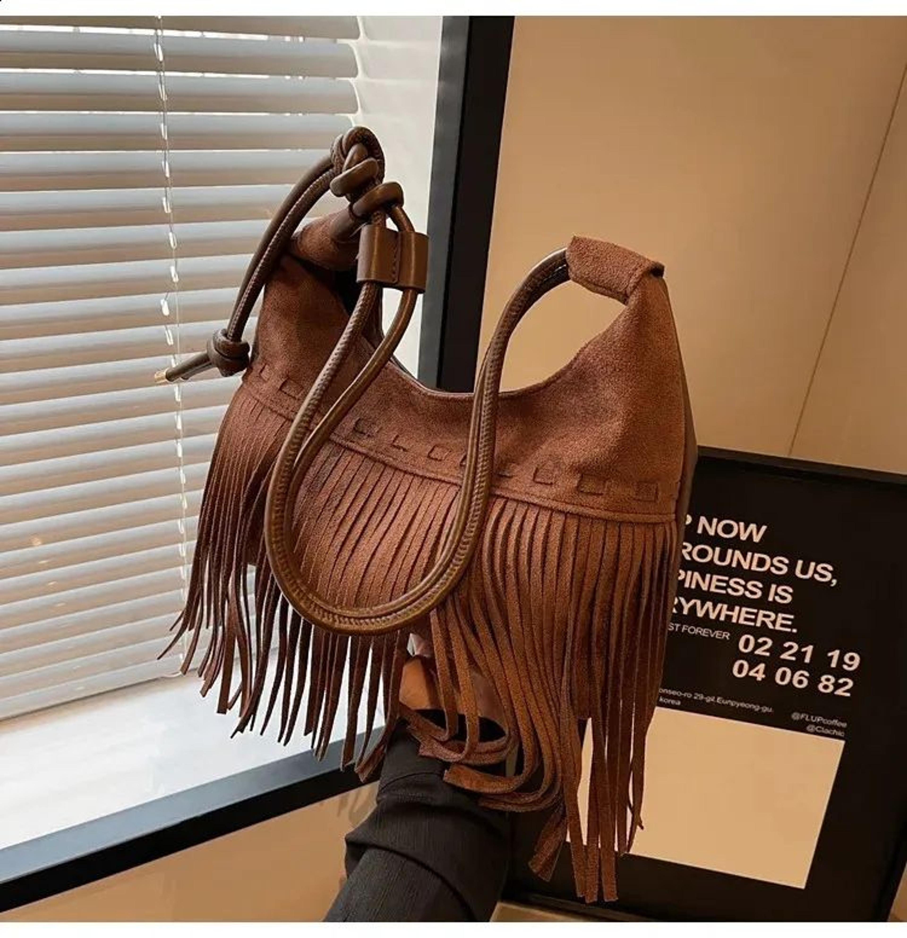 Vintage Suede Fringe Crossbody Bag For Women With Tassel Crescent Design 2