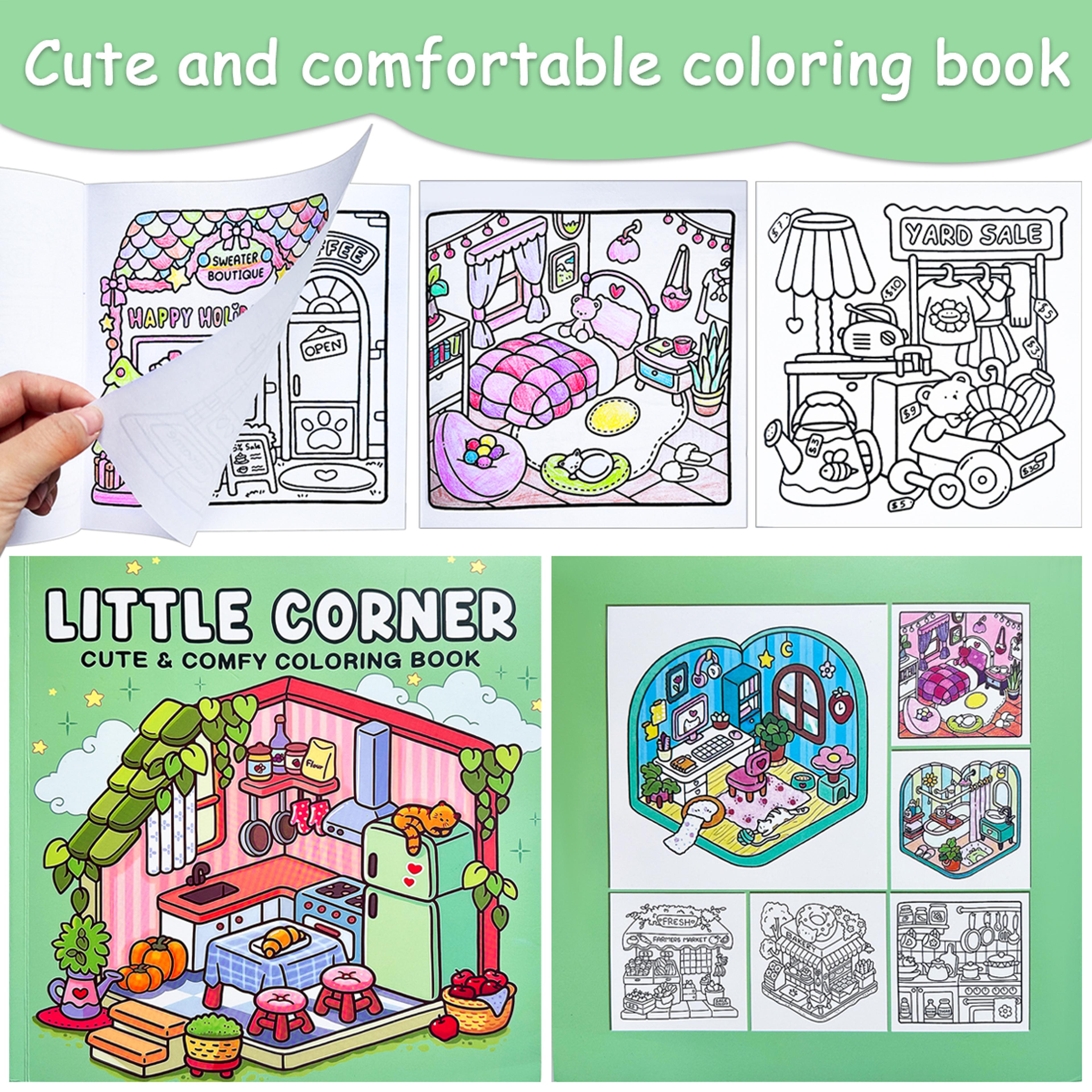 cozy home coloring book for kids and adults, relaxing art therapy with cute little corner shop drawings