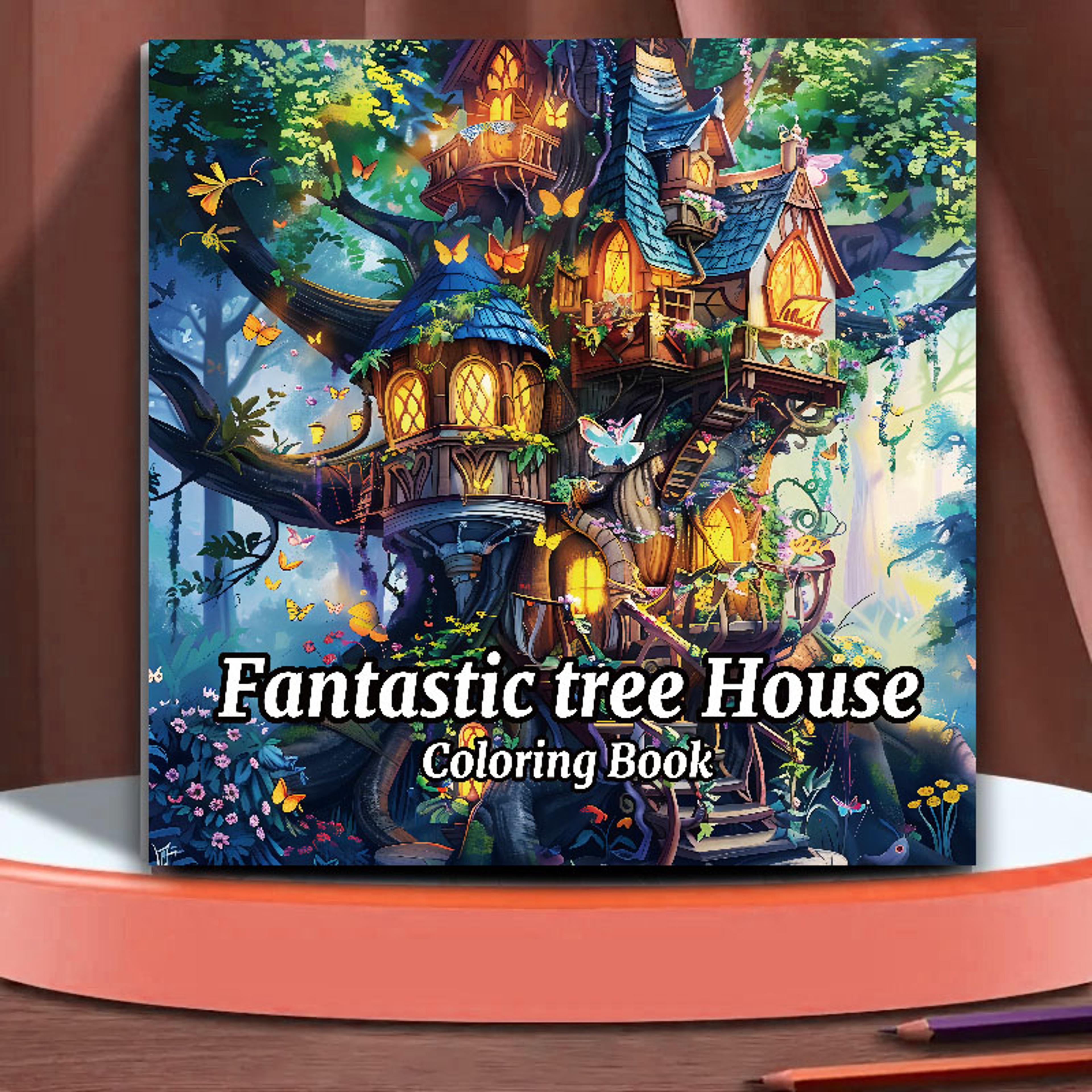 fantasy tree house coloring book for adults, relaxing art therapy sketchbook with hand drawn pages, for colored pencils