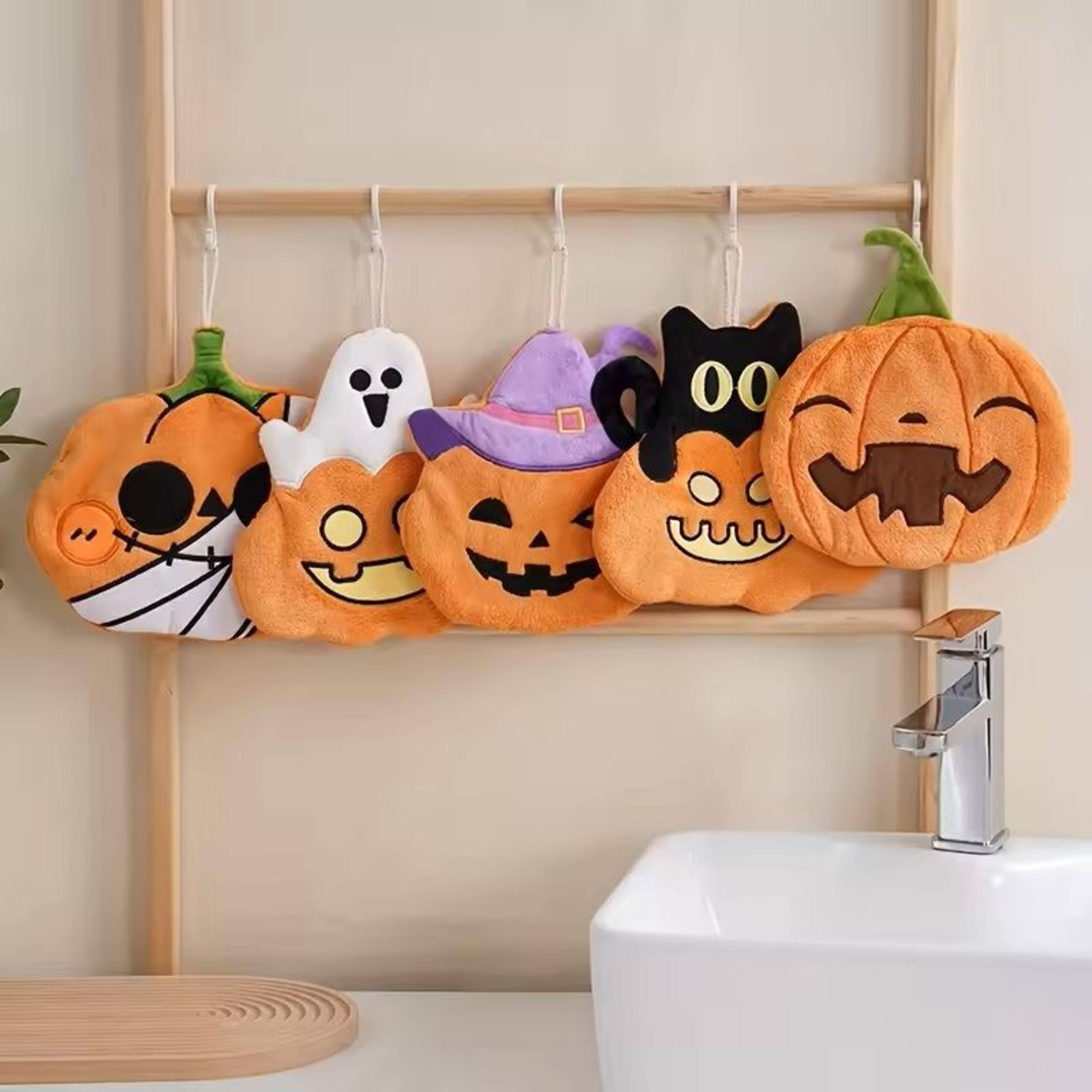 Halloween Pumpkin Coral Velvet Hanging Hand Towel Cute Holiday Wipe For Kitchen  Bathroom 9