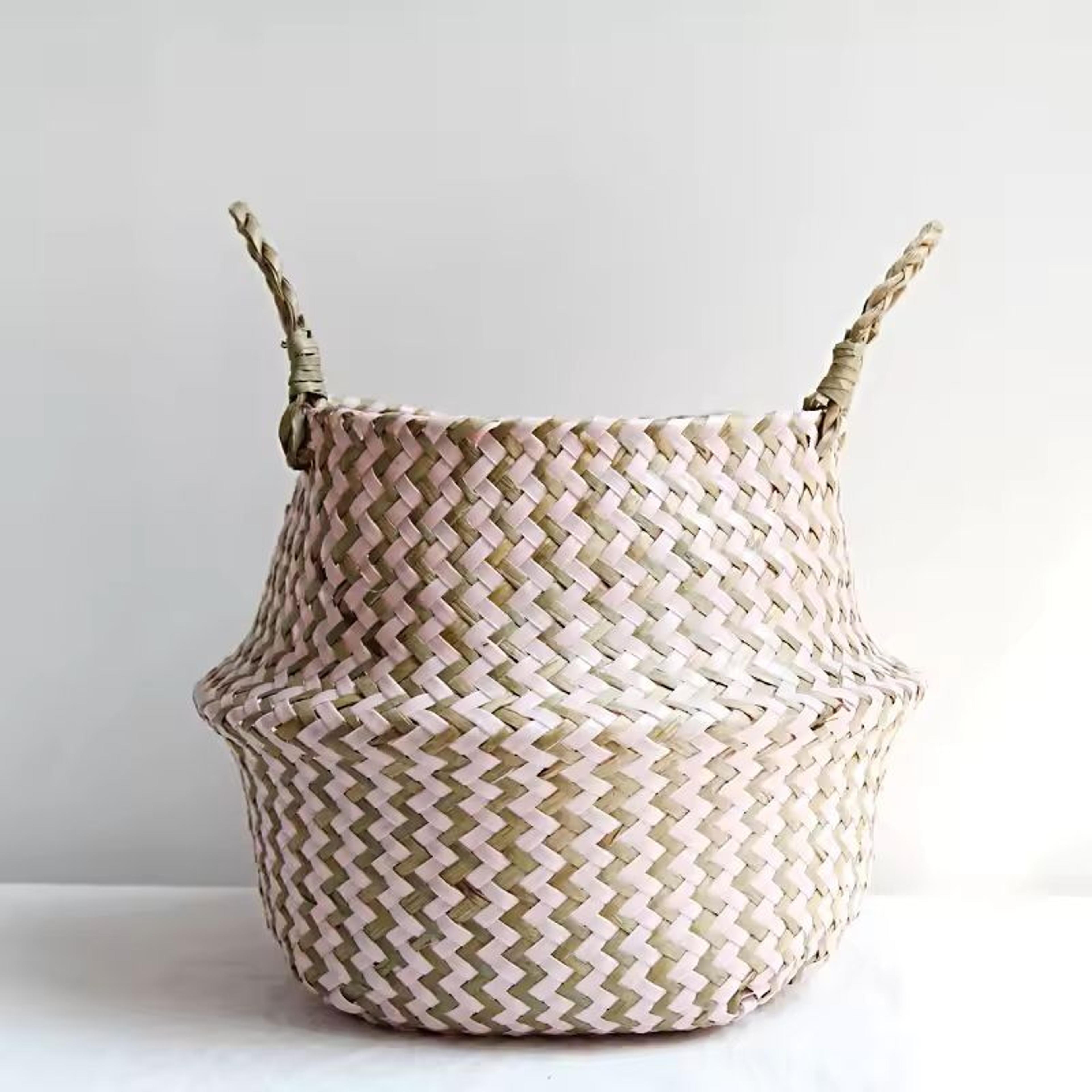Boho Wicker Storage Basket  Handmade Collapsible Seaweed Laundry  Flower Pot Basket 5