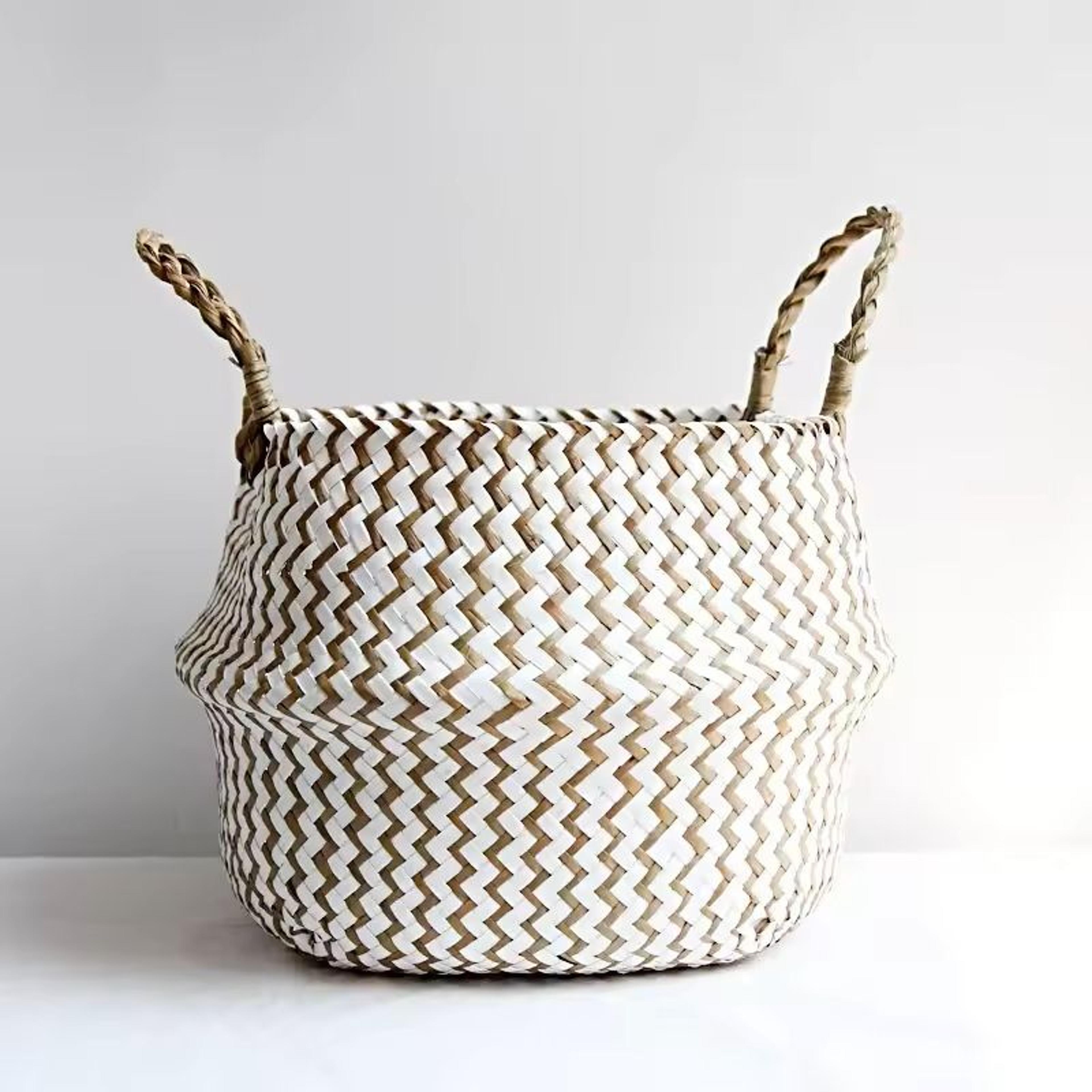 Boho Wicker Storage Basket  Handmade Collapsible Seaweed Laundry  Flower Pot Basket 7
