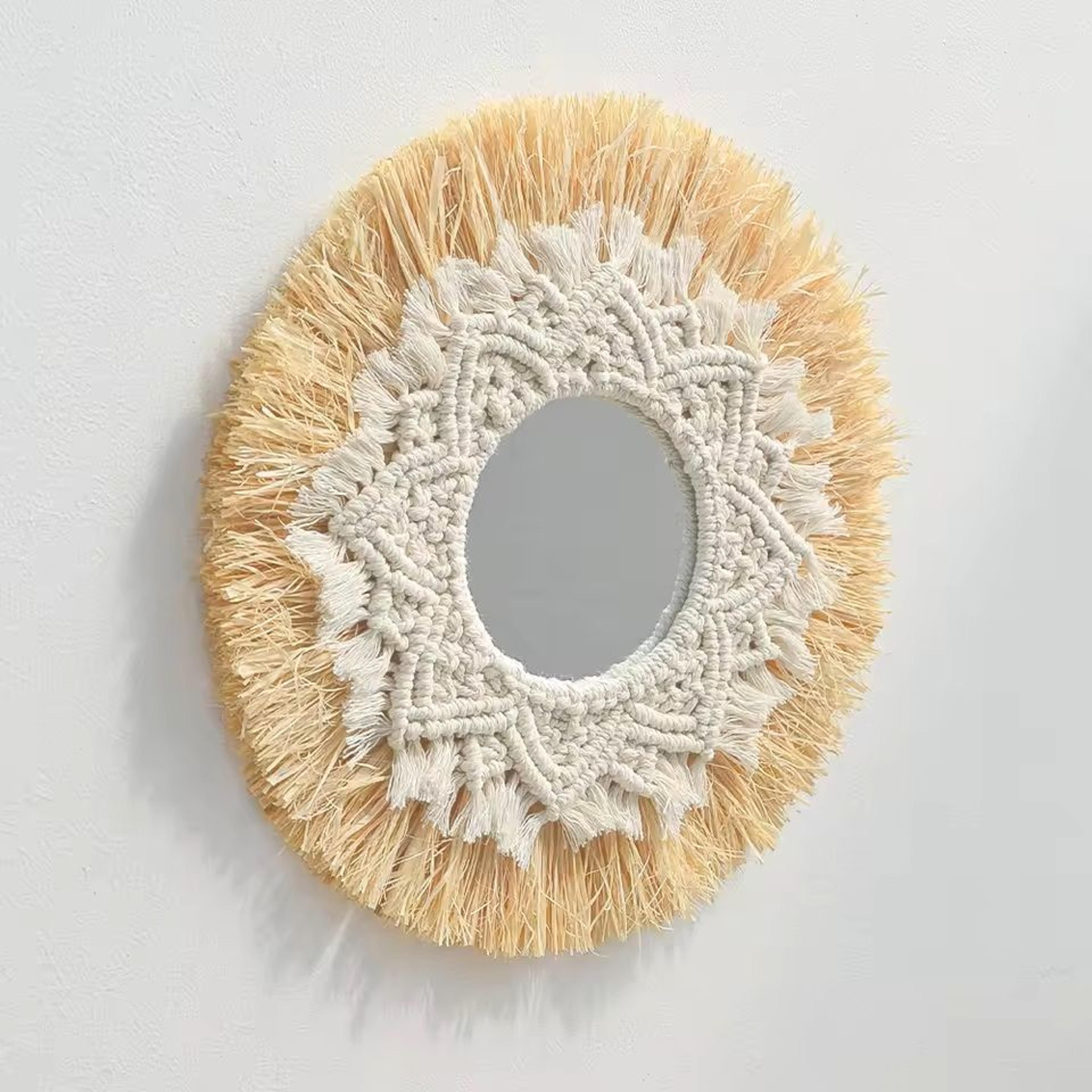 macrame hanging wall mirror – woven boho round wall mirror for living room & bedroom decor