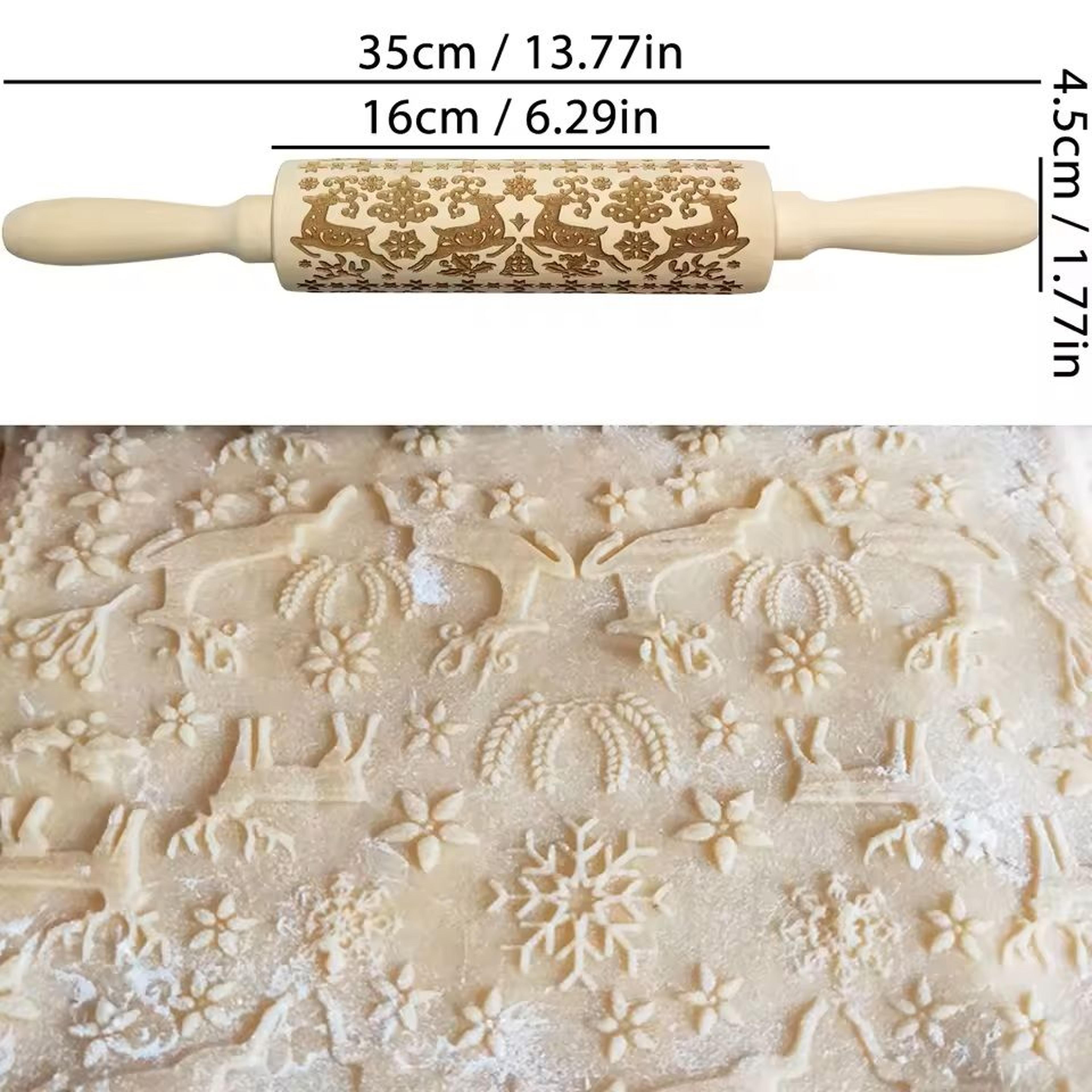Christmas Embossed Wooden Rolling Pin  3D Engraved Holiday Cookie  Baking Roller 18
