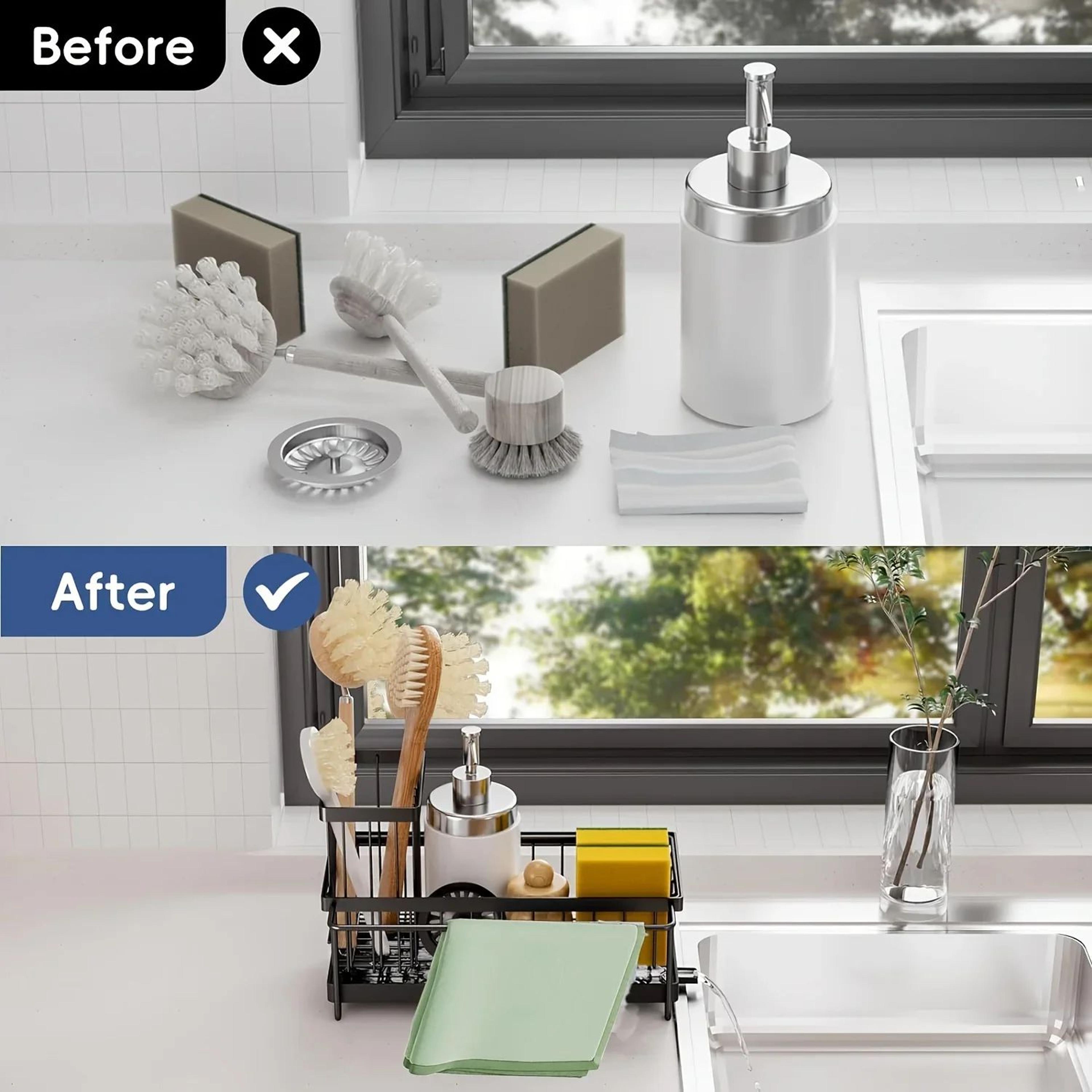 Kitchen Sink Sponge Holder With Auto Drain  Plastic Sink Caddy Organizer With Removable Brush Holde 5