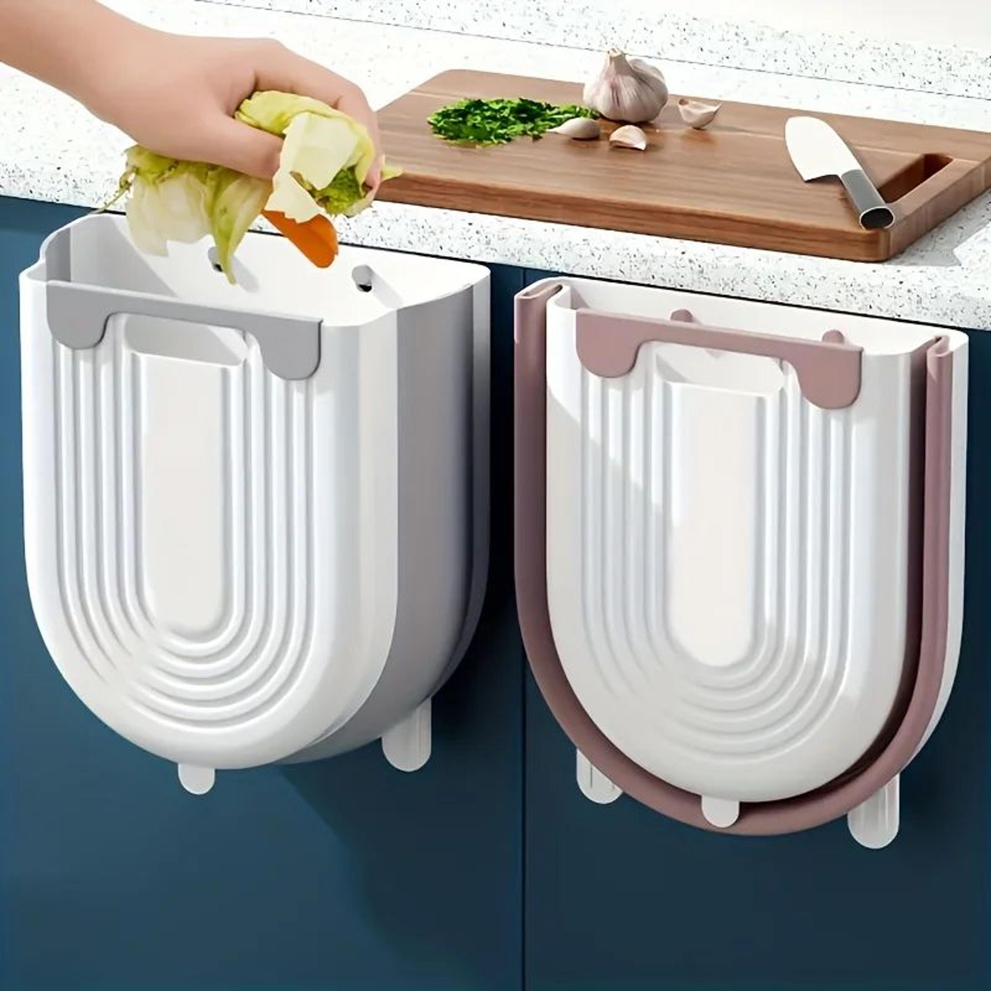 foldable hanging trash can with cabinet hook – portable countertop waste bin for kitchen & bathroom, space-saving design