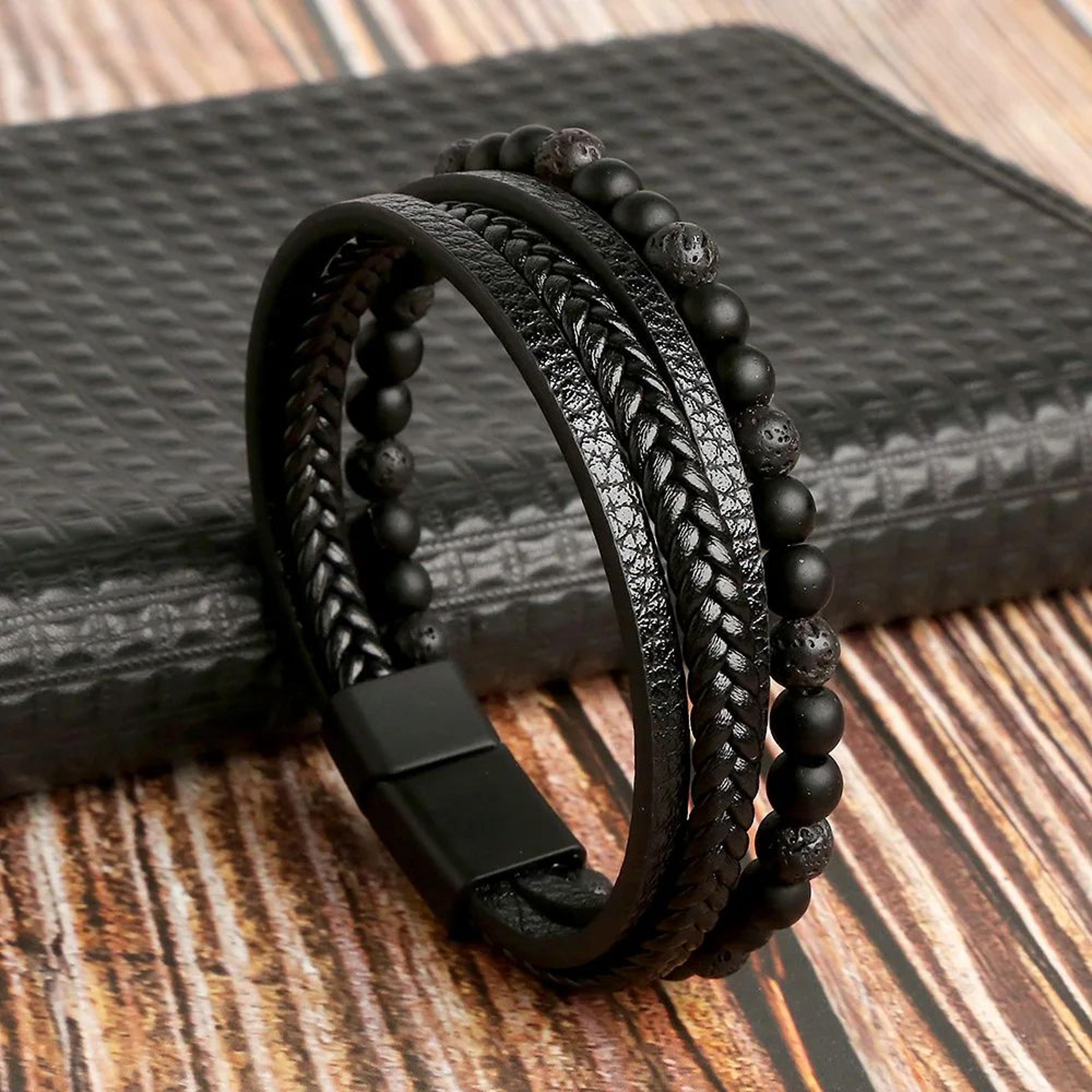 Mens Tiger Eye Beaded Leather Bracelet  MultiLayer Classic Handmade Fashion Jewelry Gift 2