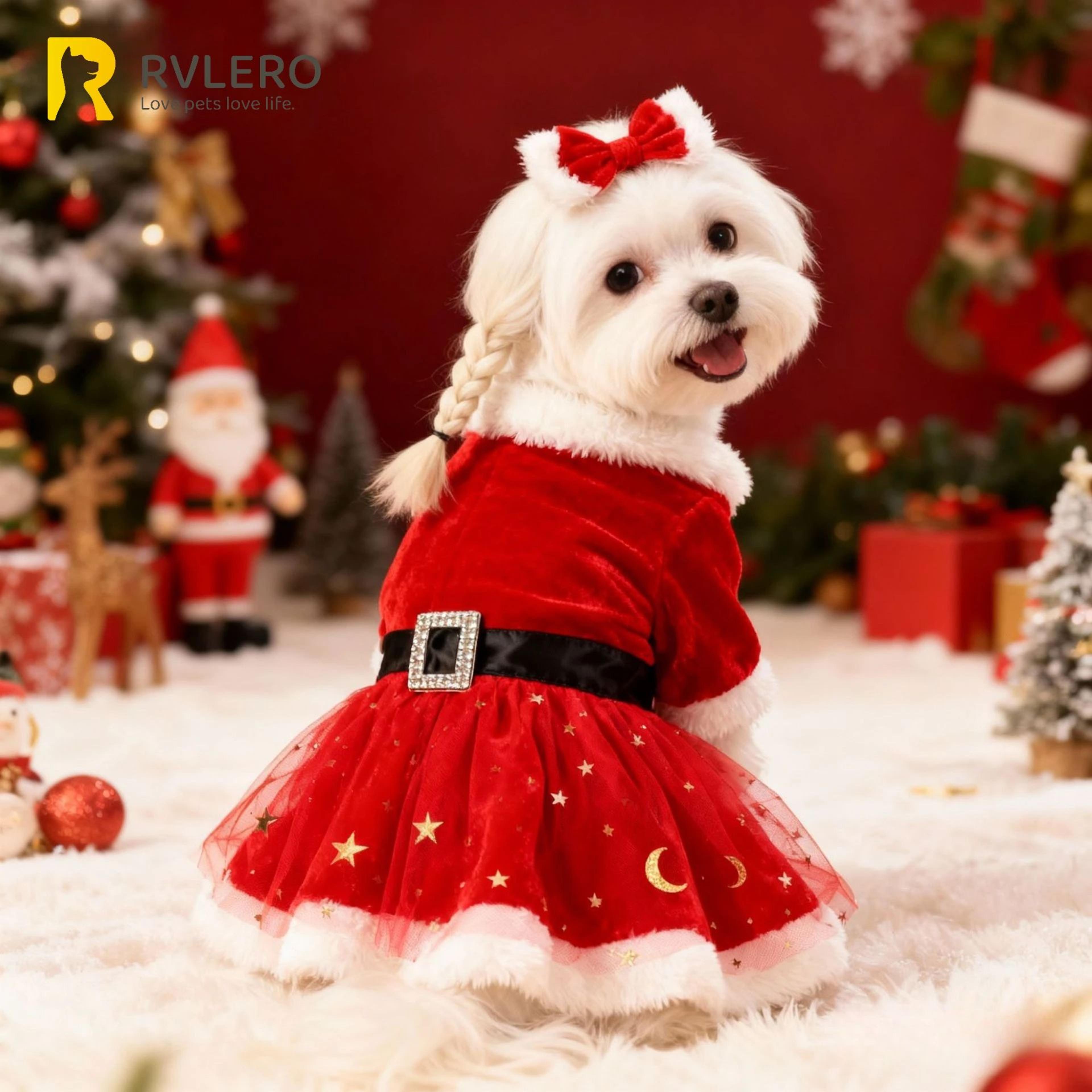 Santa Claus Dog Dress  Festive Red Mesh  Gold Velvet Christmas Costume For Pets Party  Holiday Dres 1