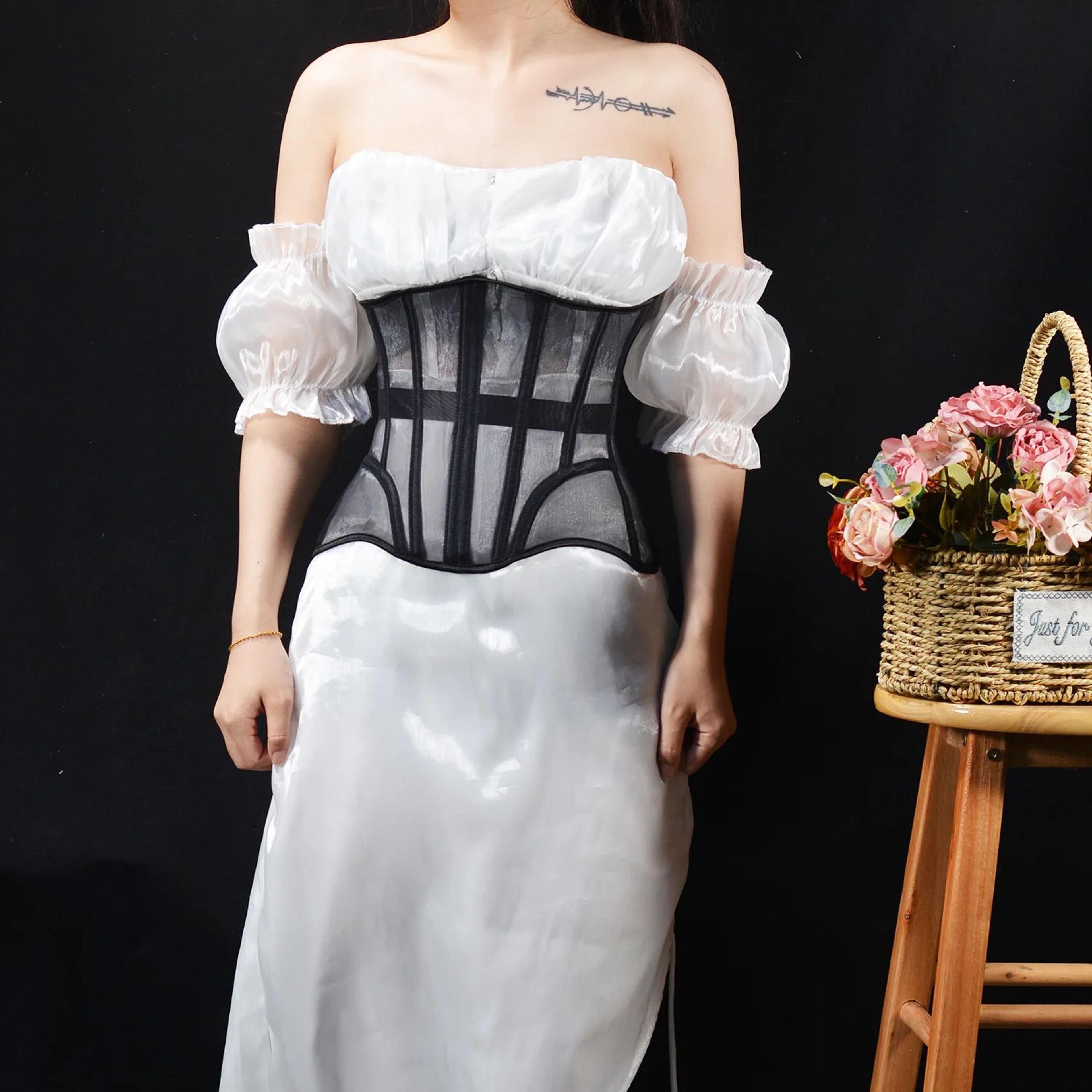 Womens Underbust Mesh Corset Crop  Boned LaceUp Waist Slimming Bodice Breathable Tummy Control Wais