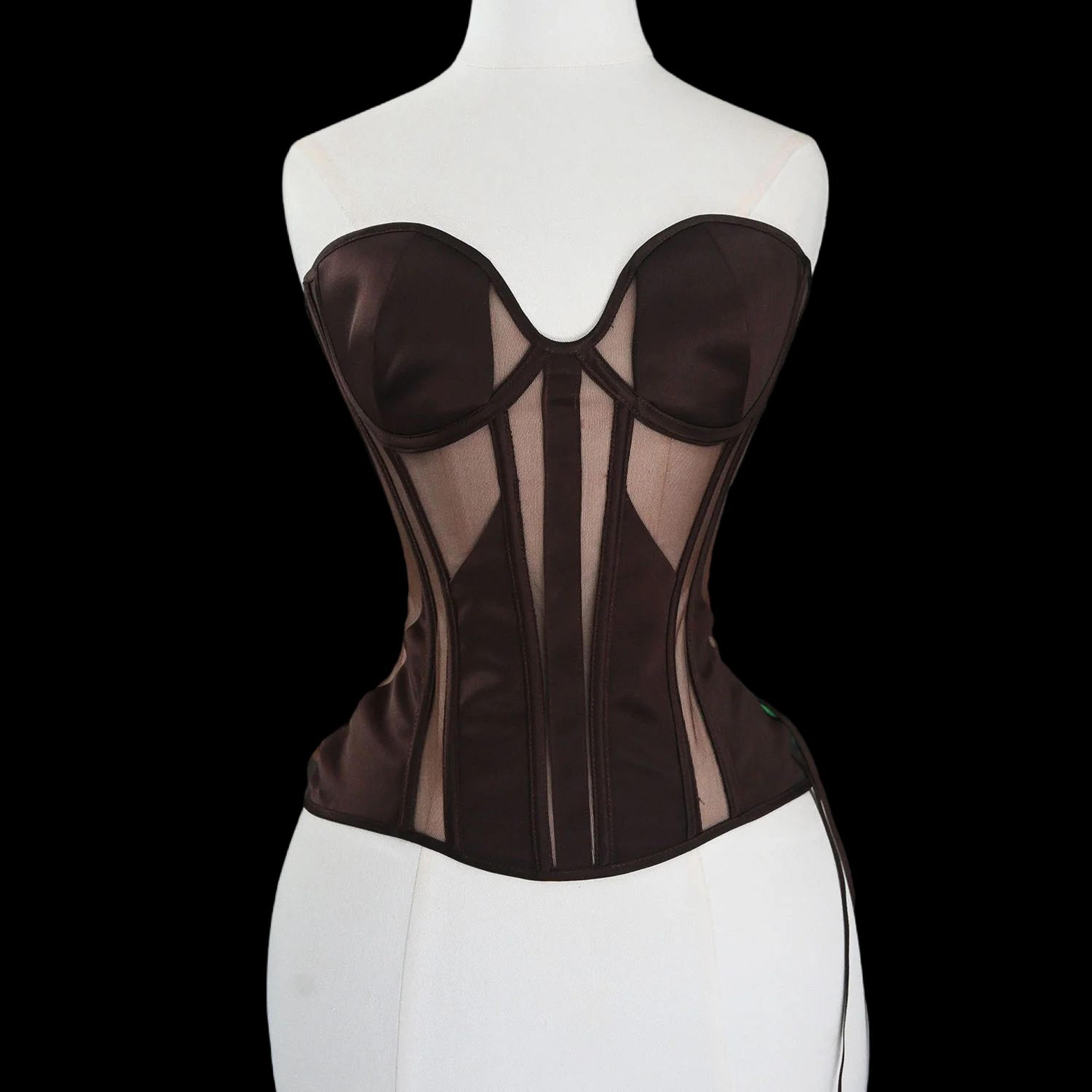 Women Tight Overbust Corset Bustier  Transparent Mesh Steel Boned LaceUp Shaping Top For Waist Slim 1