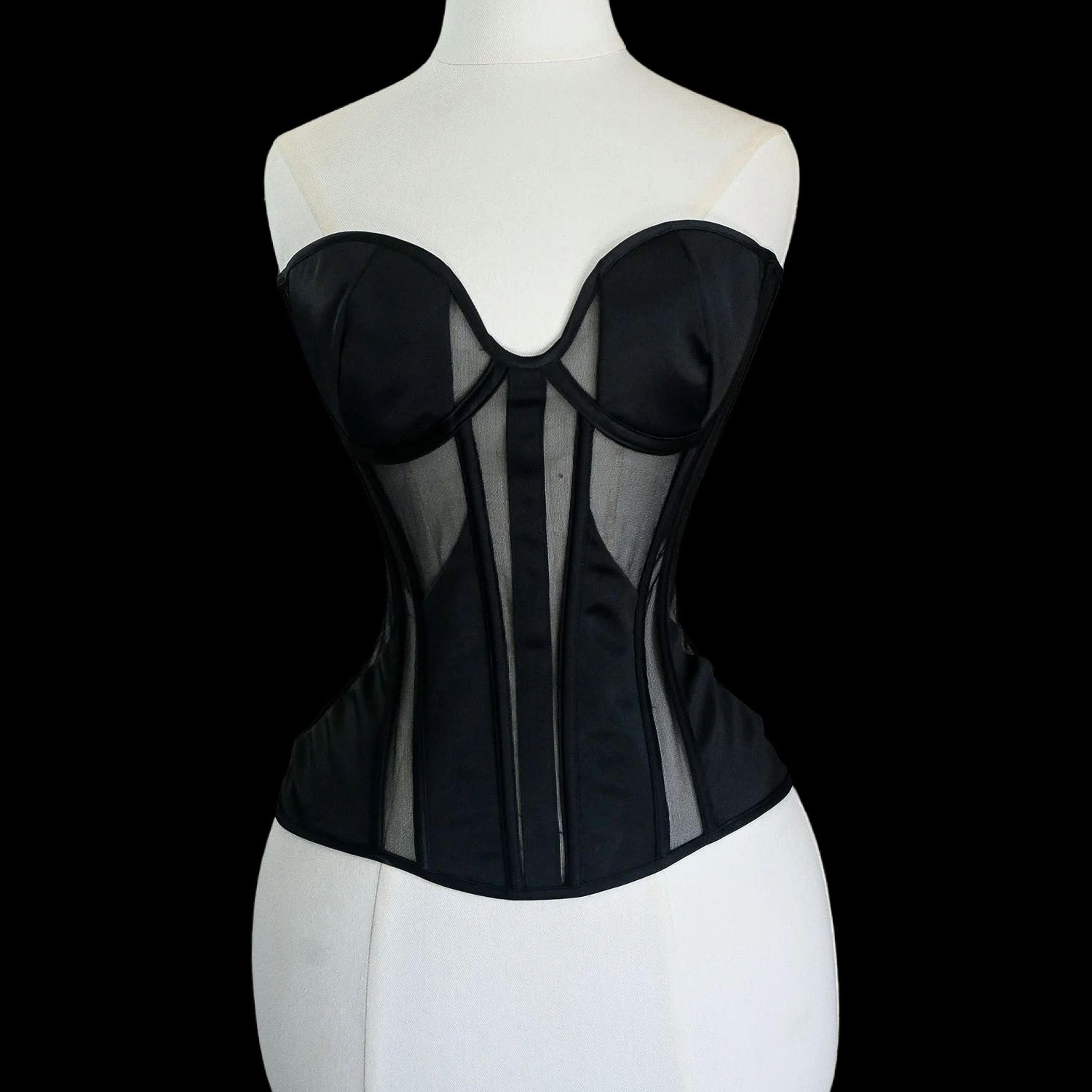 Women Tight Overbust Corset Bustier  Transparent Mesh Steel Boned LaceUp Shaping Top For Waist Slim 9