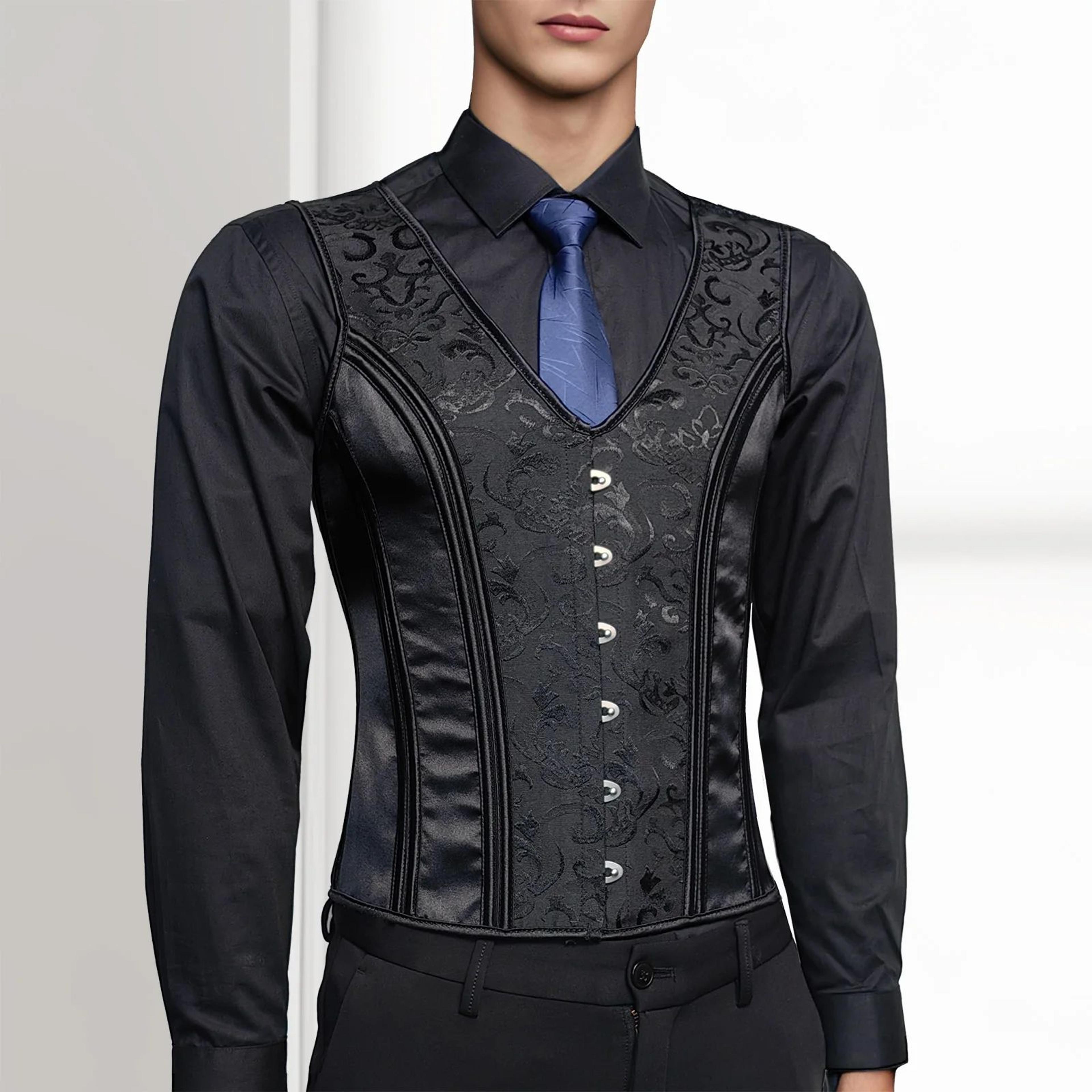 Mens LaceUp Boned Corset Waistcoat Vest  Slim Waist Shaping VNeck Black Print Formal Wedding  Stage 6