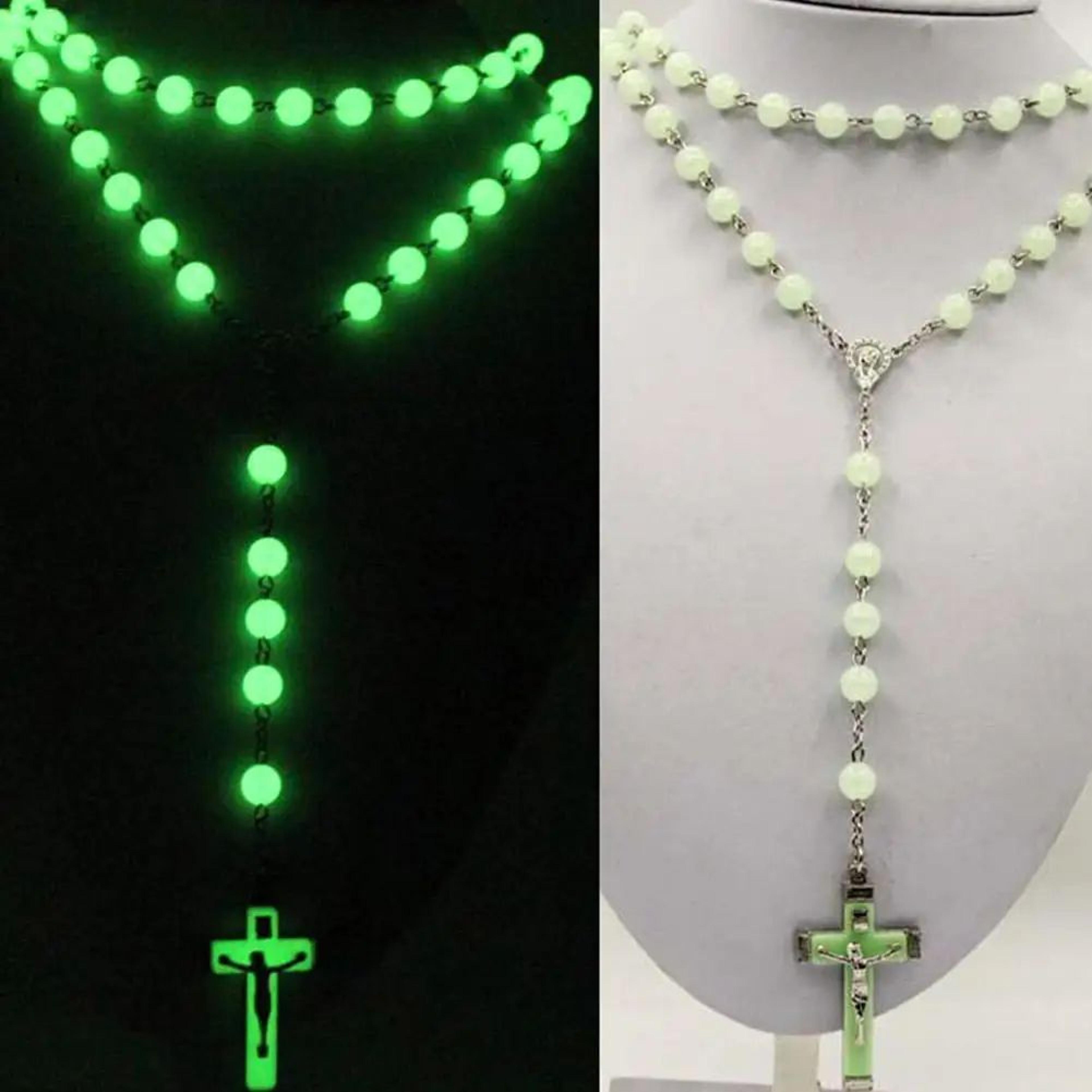 GlowintheDark Catholic Rosary Necklace With Cross Pendant  Luminescent Jesus Prayer Beads Chain For 5
