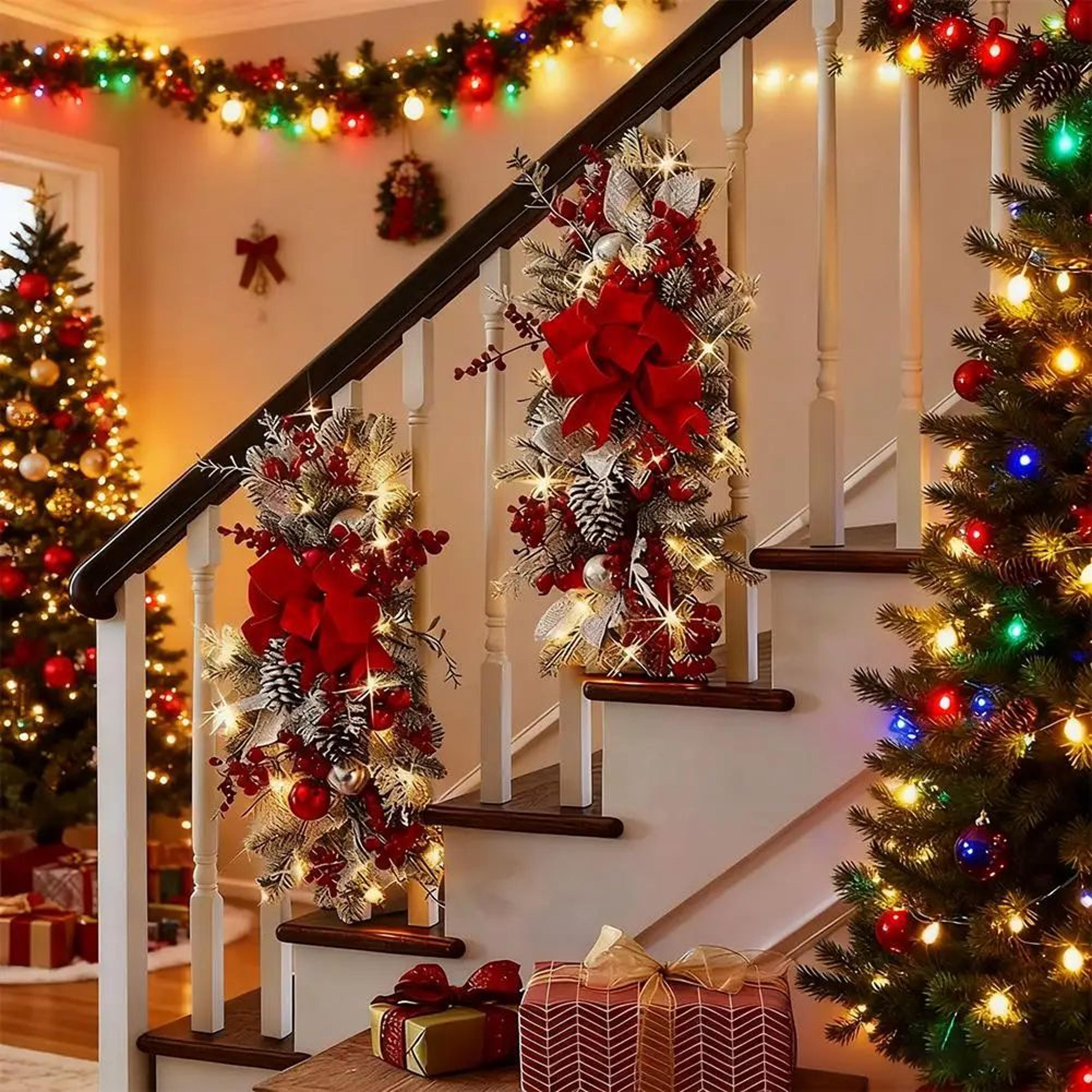 Pre Lit Christmas Staircase Garland Swag With Red Bows  Lighted Holiday Stairway  Door Decor Greene 1