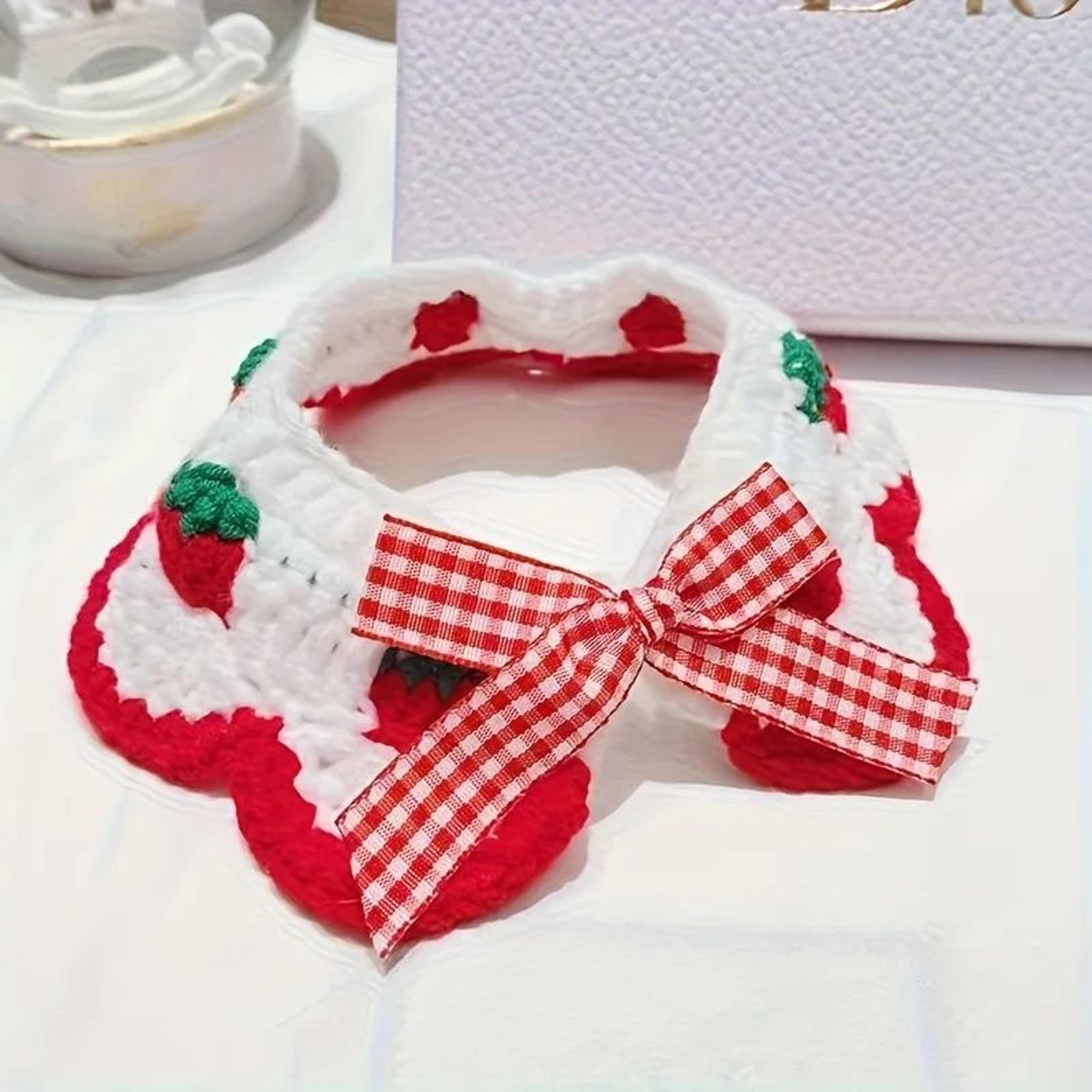 Strawberry Plaid Pet Bib Bandana  Soft Ruffle Bow Tie Collar With Adjustable Strap For Cats  Dogs 3
