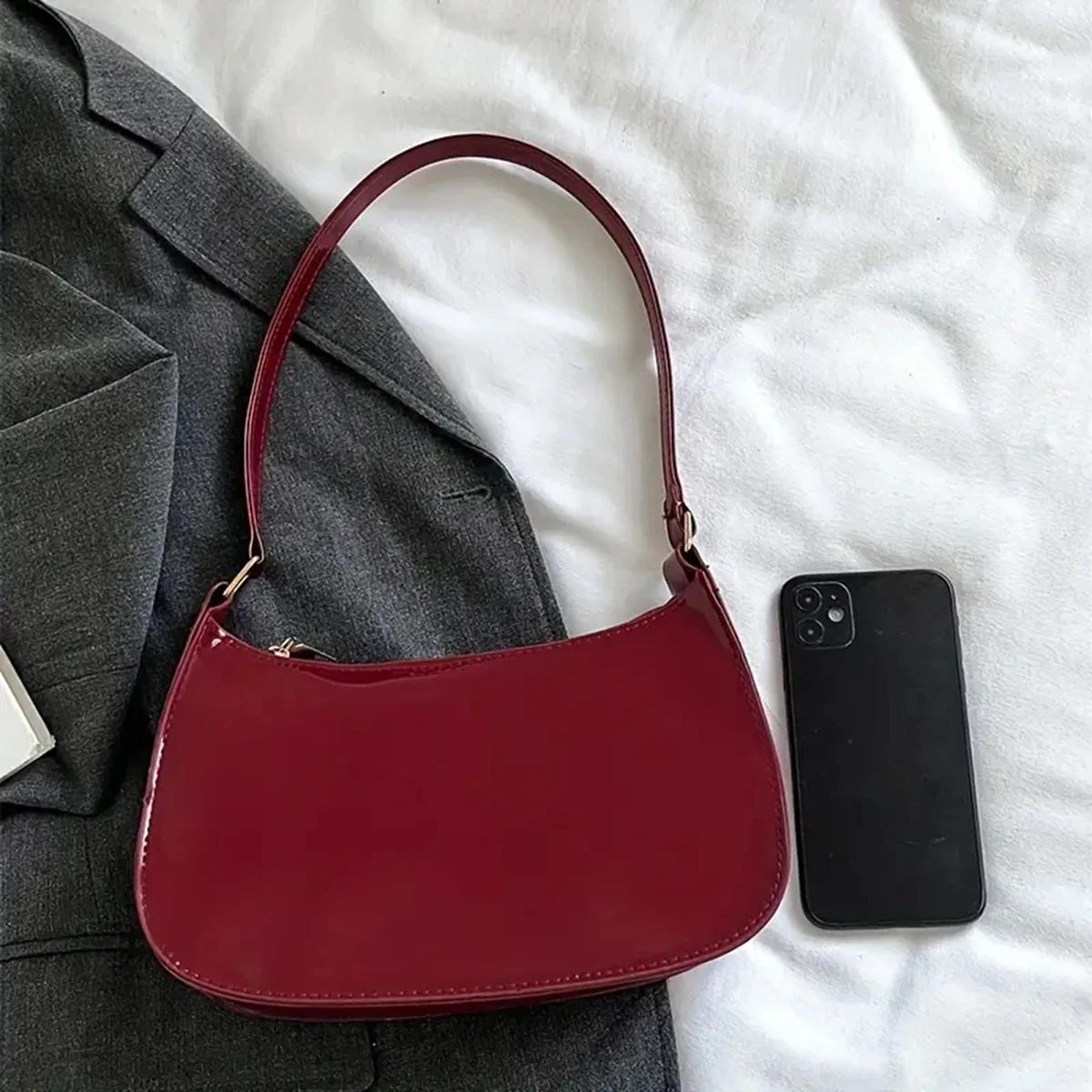 Luxury Retro Red Patent Leather Shoulder Bag  Chic Underarm Handbag  Small Baguette Purse For Women 1