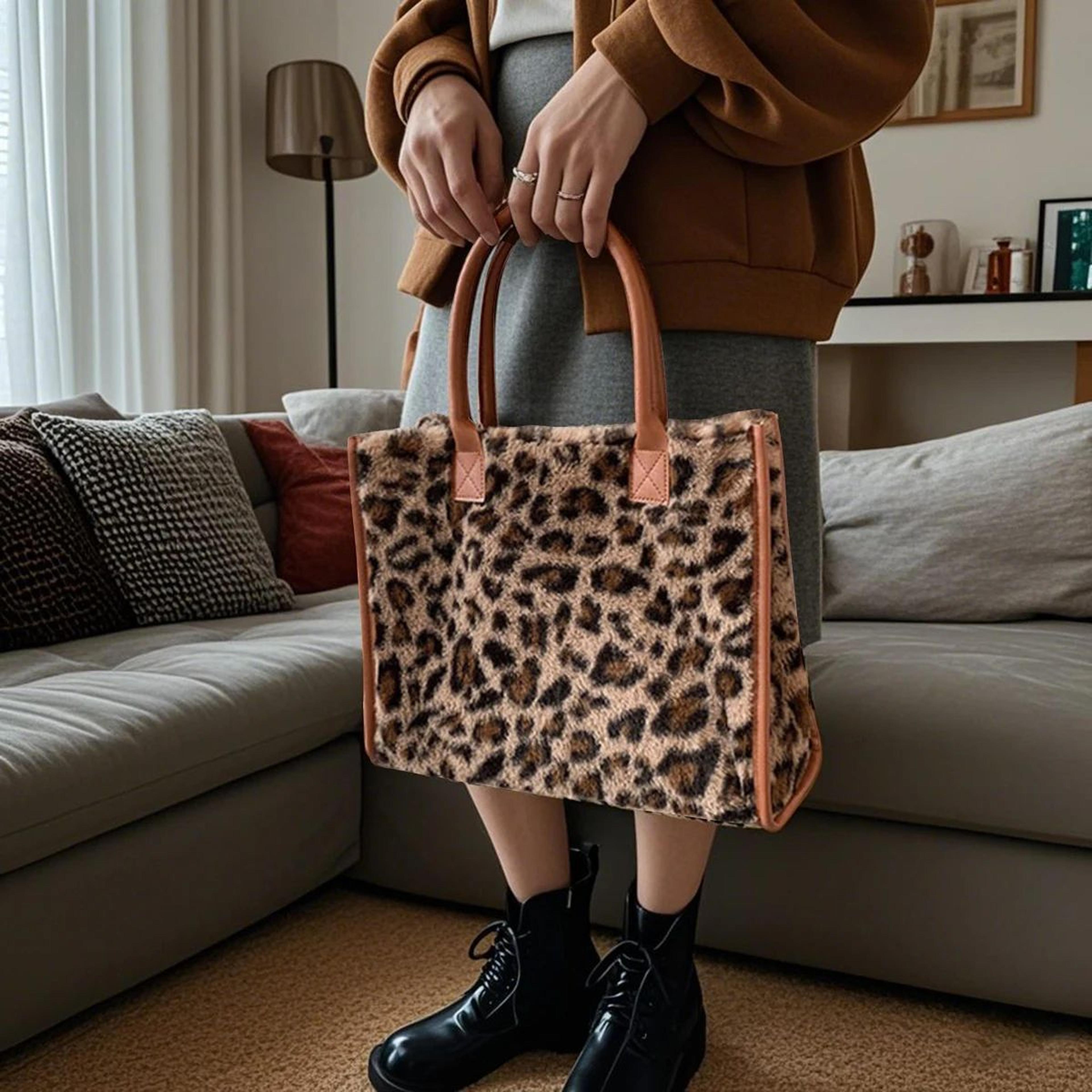 Yellow Leopard Print Plush Tote Bag For Women  Autumn Winter Fashion Shoulder Handbag Soft Faux Fur 1