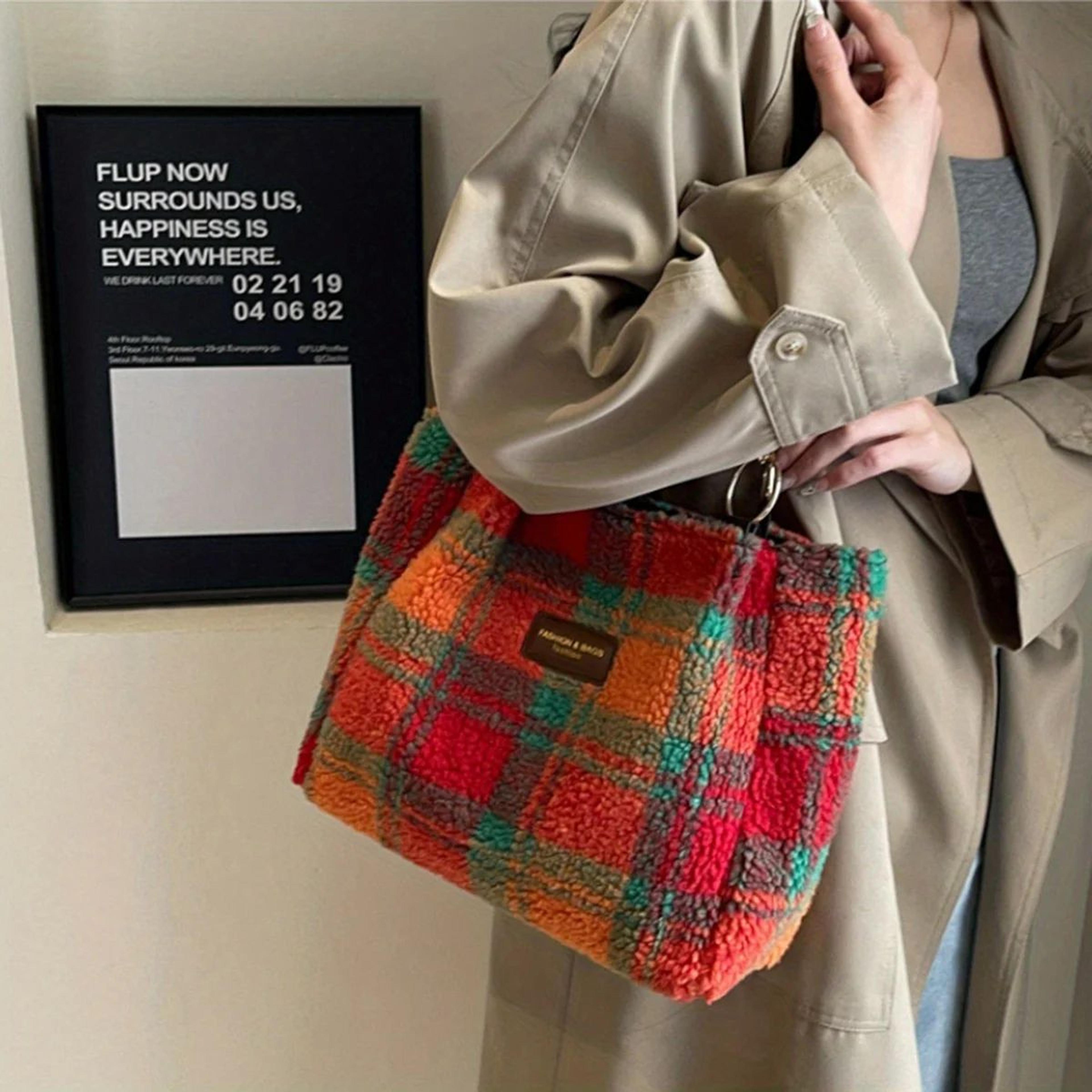 Red Plaid Lambswool Shoulder Tote Bag For Women  Large Capacity Autumn Winter Underarm Purse Cozy S 6