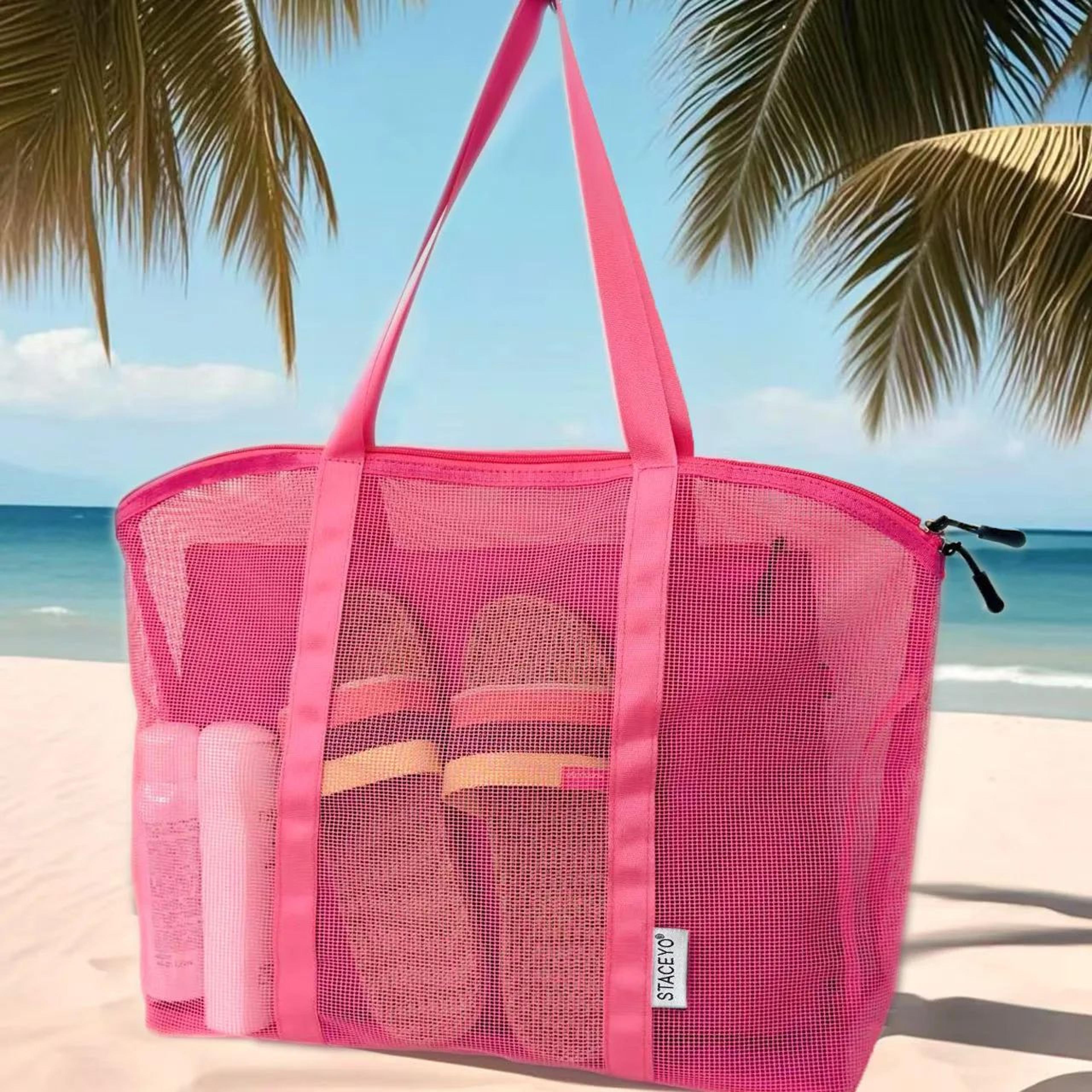 Large Mesh Beach Tote Bag With Liner  Foldable Travel Zipper Shopping Bag Lightweight Luggage Carry 3