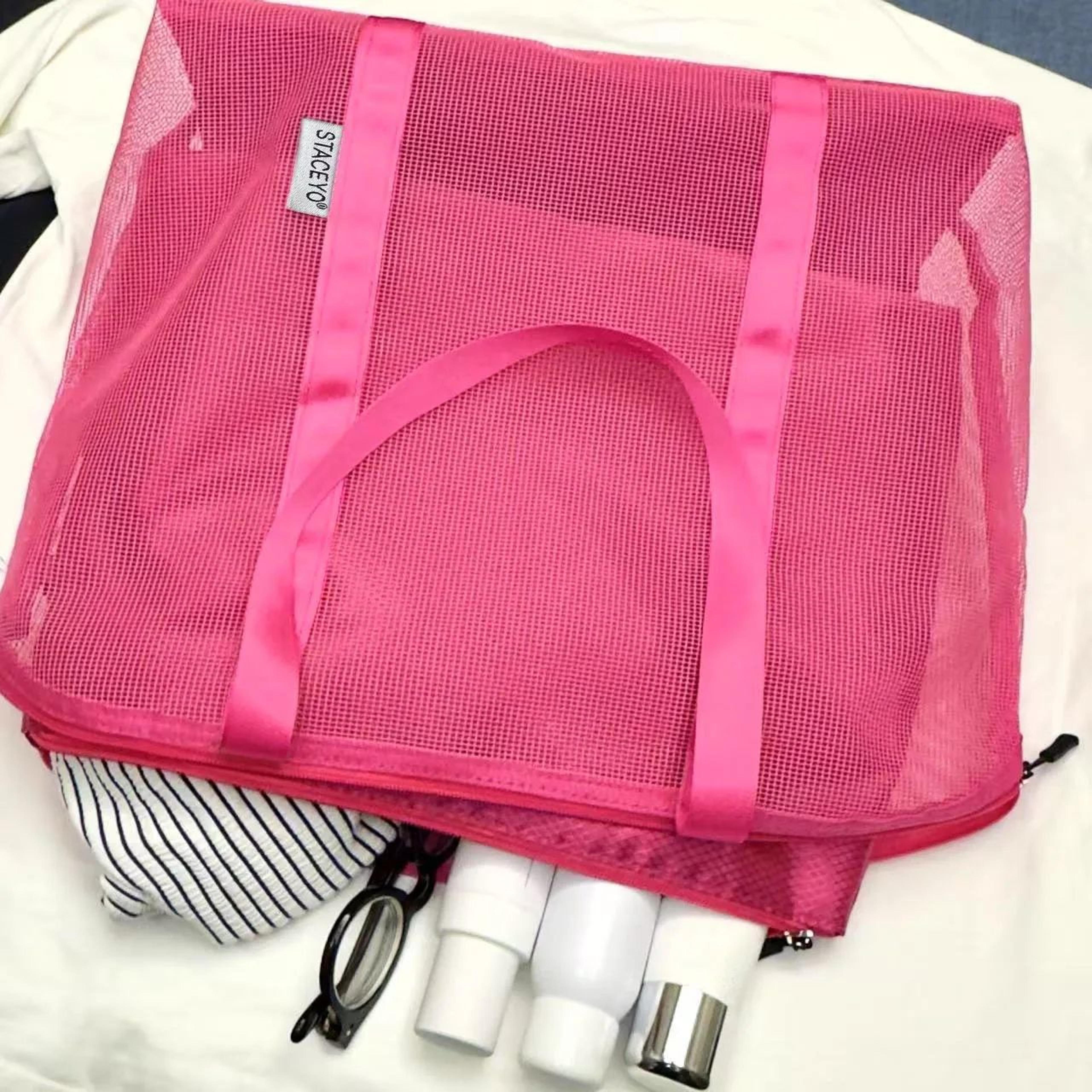 Large Mesh Beach Tote Bag With Liner  Foldable Travel Zipper Shopping Bag Lightweight Luggage Carry 4