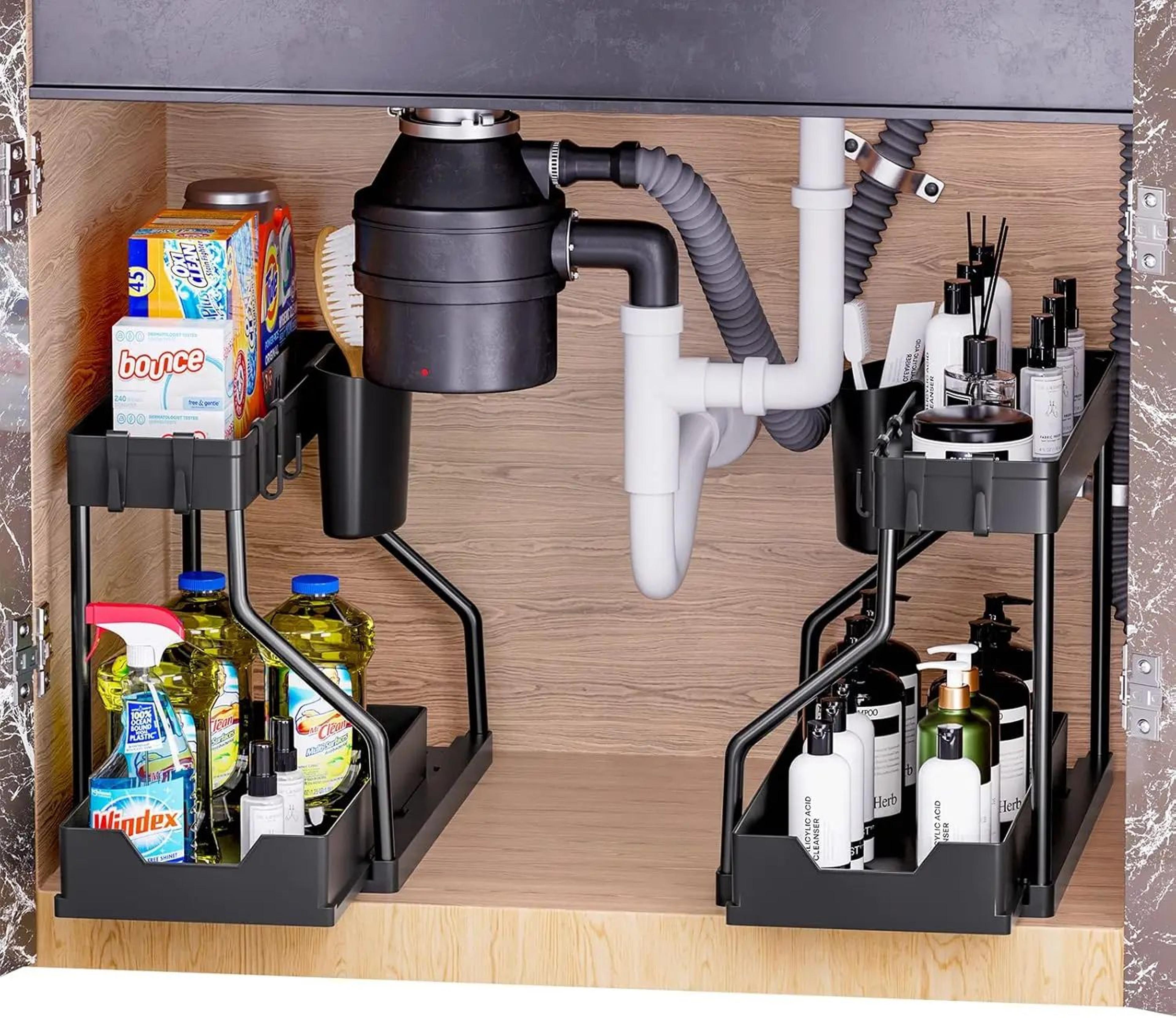Under Sink Storage Organizer With Dual Slide Drawers PullOut Cabinet Shelf Rack For Kitchen  Bathro 0