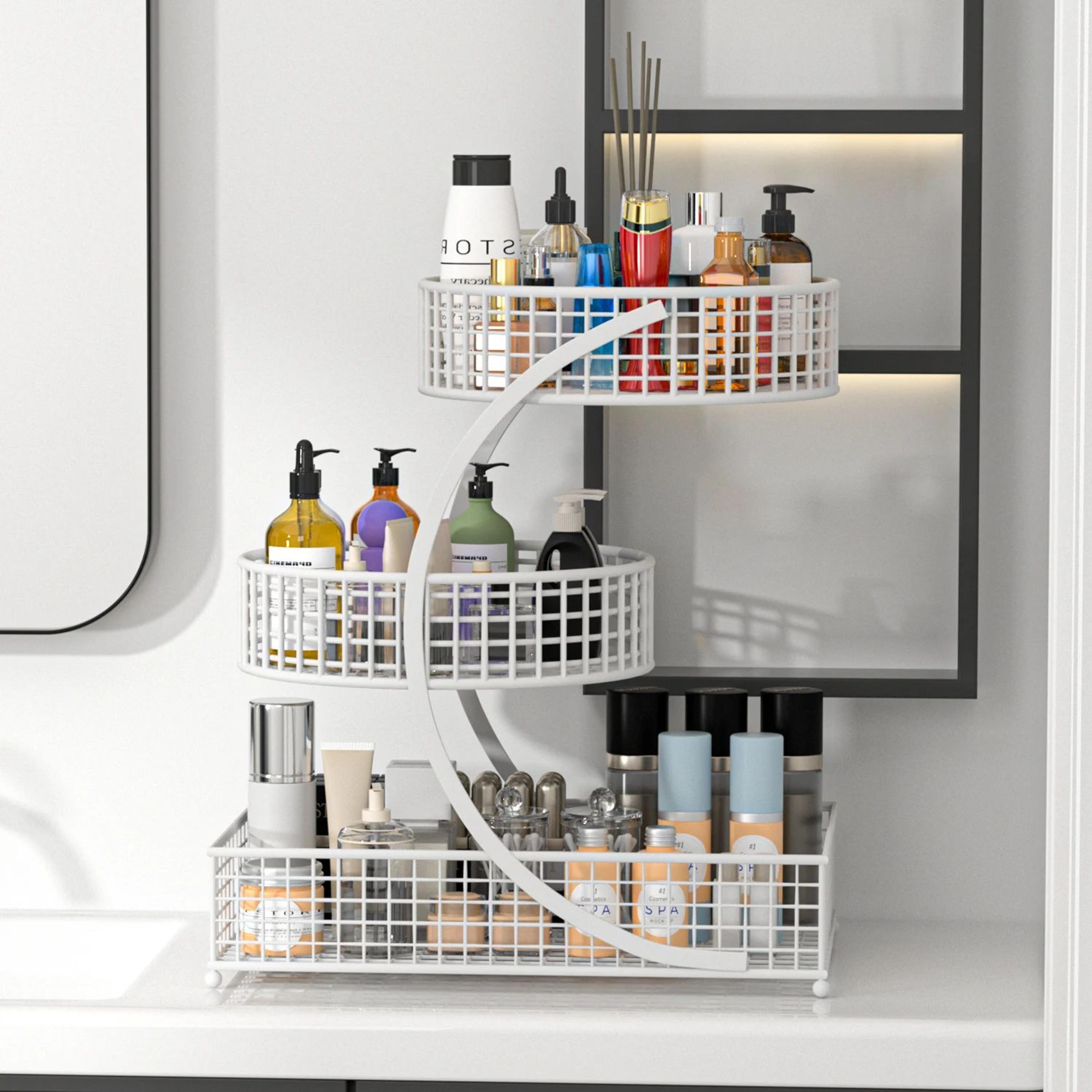 3Tier Round Metal Storage Rack  No Assembly Fruit Basket  Cosmetic Organizer For Kitchen Countertop 3