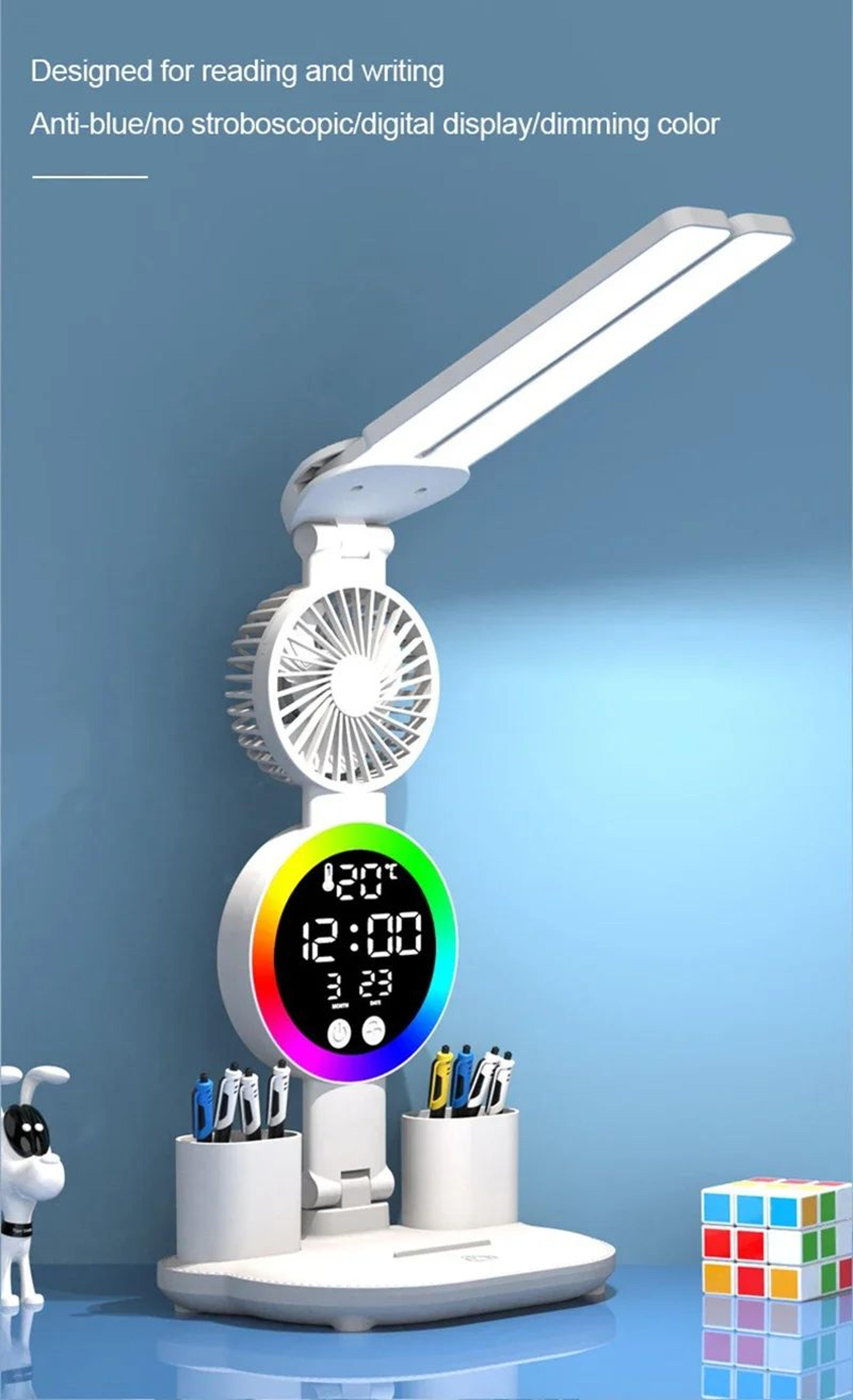 LED Desk Lamp With Fan  Clock Display Adjustable Brightness Reading Light For Study Night Light For 6