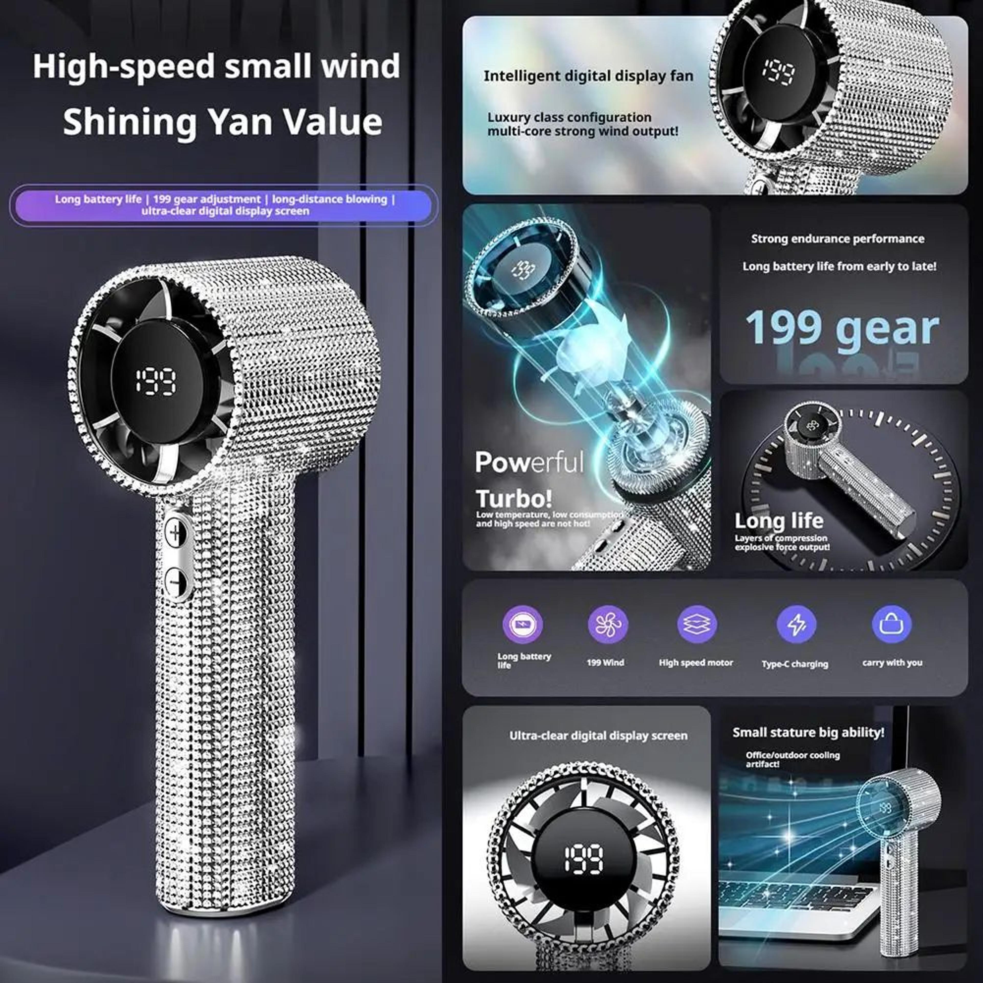 DiamondStudded Portable Mini Handheld Fan W Digital Display  Silent HighSpeed Motor Rechargeable Su 3