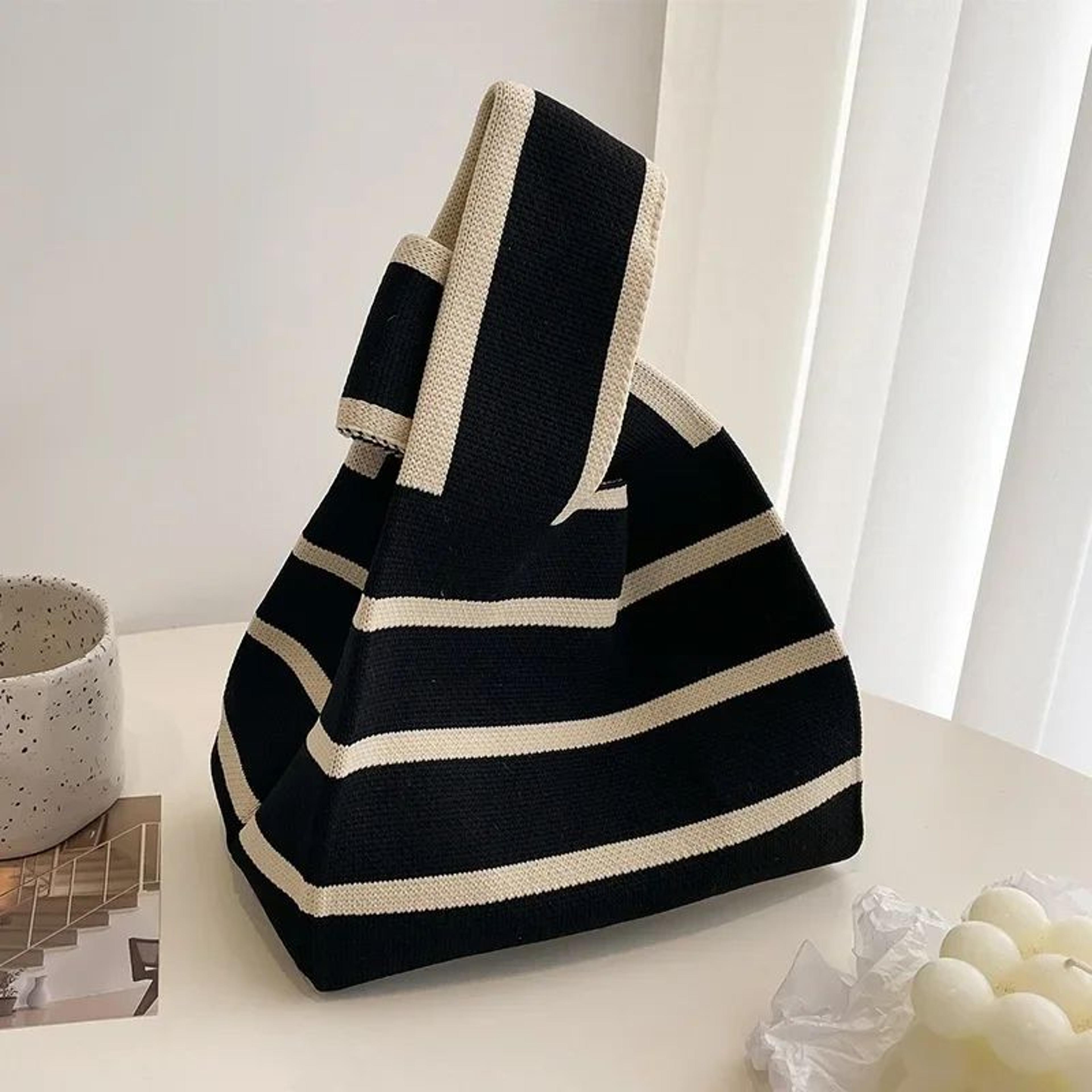 Womens Knitted Stripe Tote Handbag  Reusable Mini Shoulder  Wrist Bag For Students Casual EcoFriend 0