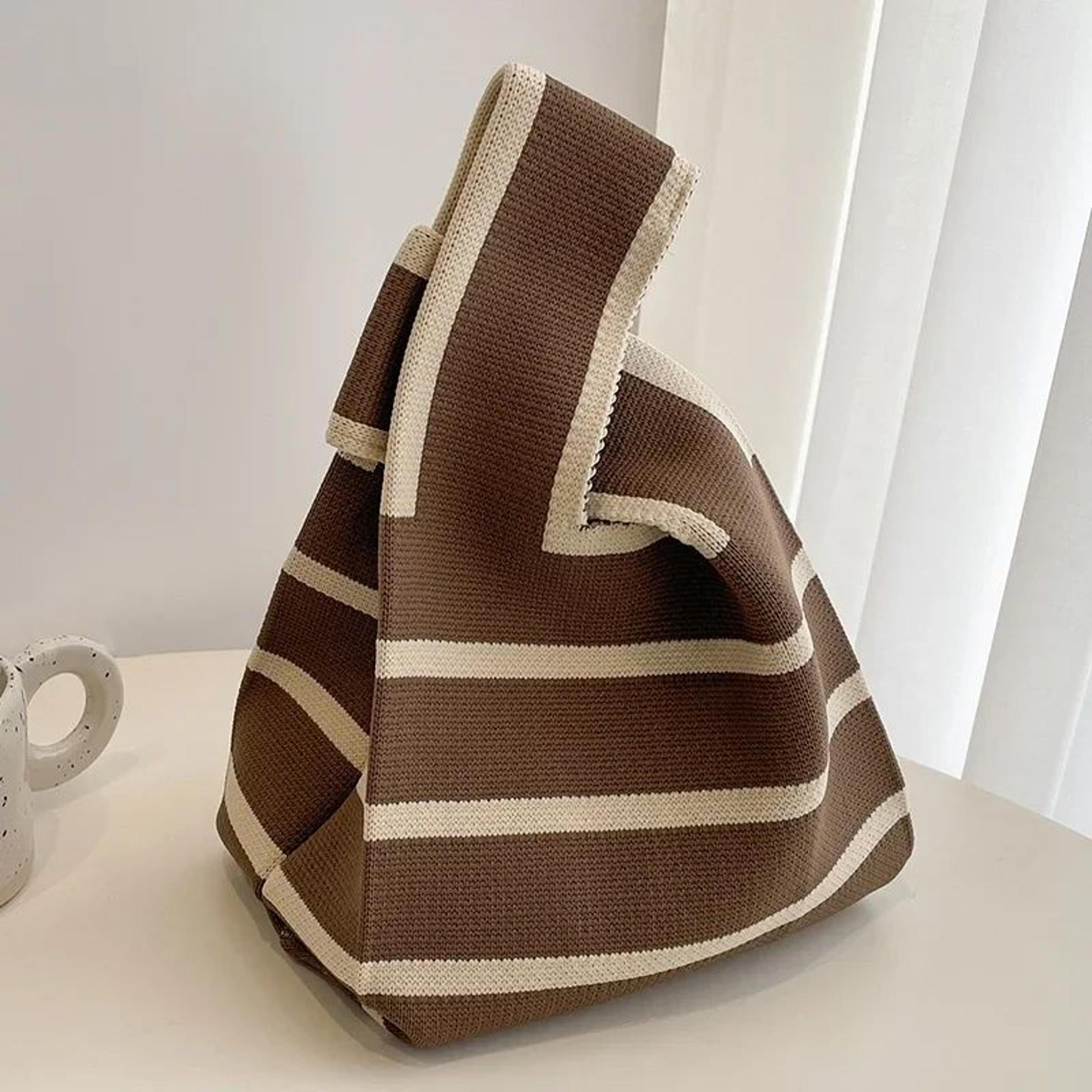 Womens Knitted Stripe Tote Handbag  Reusable Mini Shoulder  Wrist Bag For Students Casual EcoFriend 3