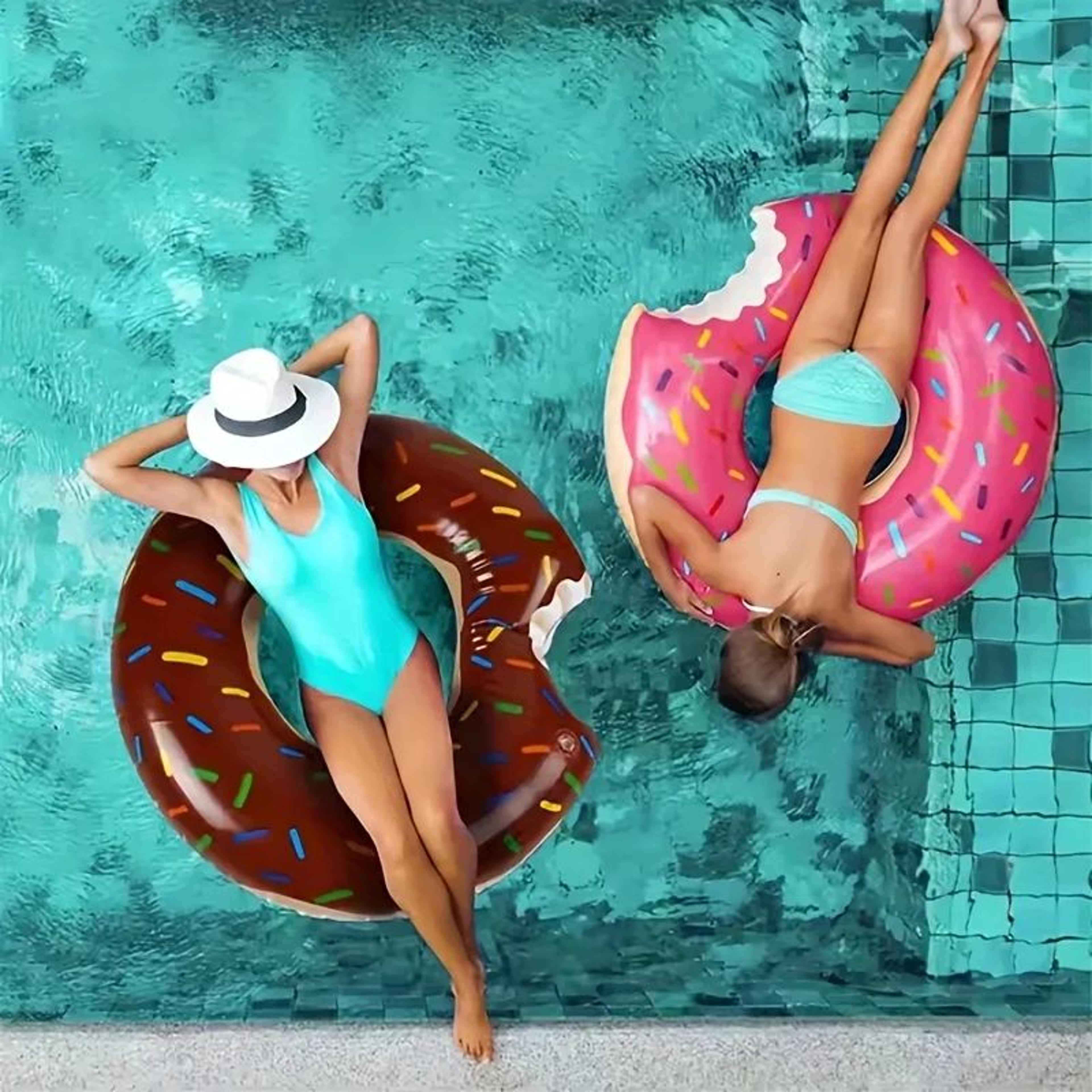 donut inflatable pool float ring - cute pool party lounger & photo prop, durable easy-clean plastic for summer fun