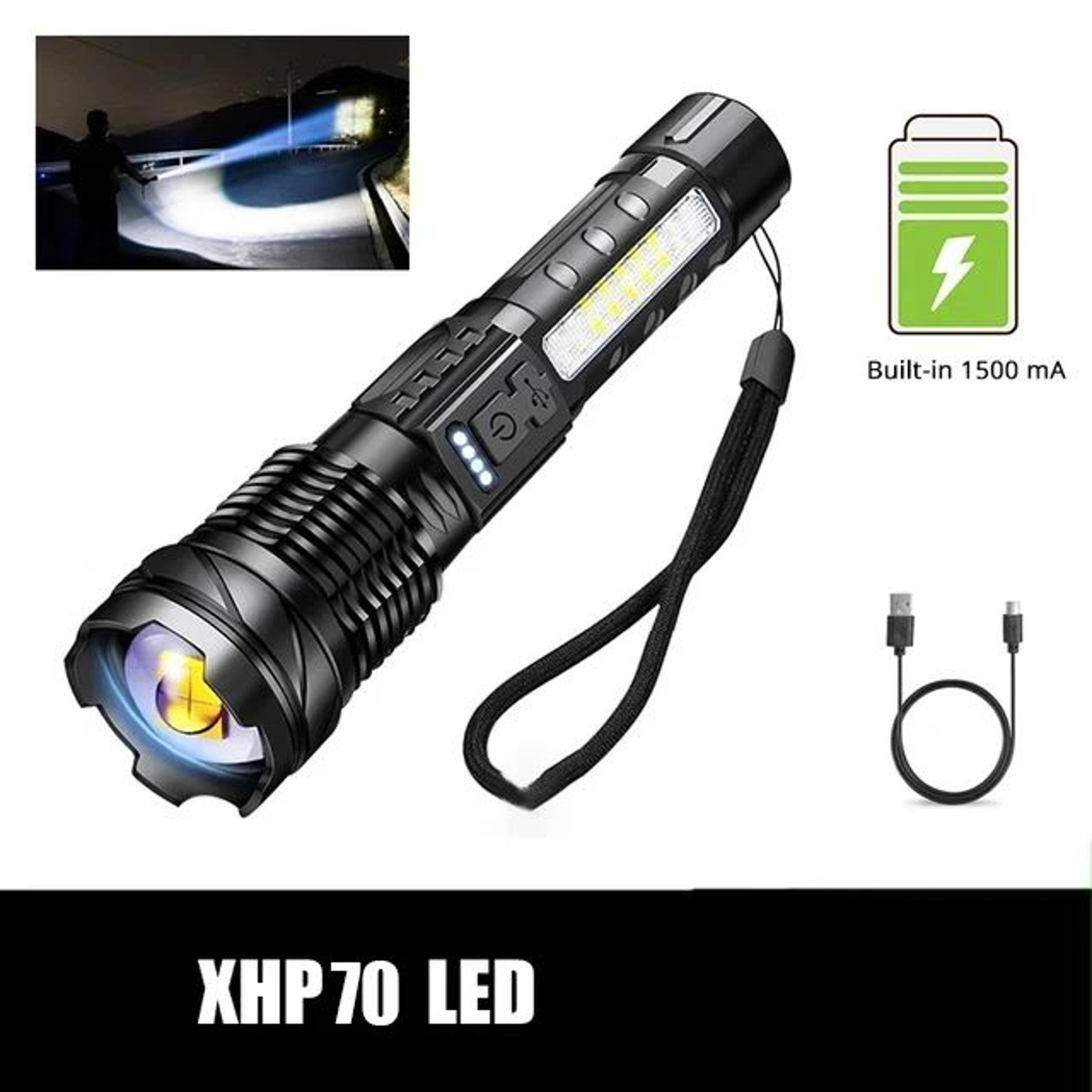 XHP50 LED Flashlight 1000LM  Waterproof Zoom Torch W Side Work Light USB Rechargeable 18650 7 Modes 6