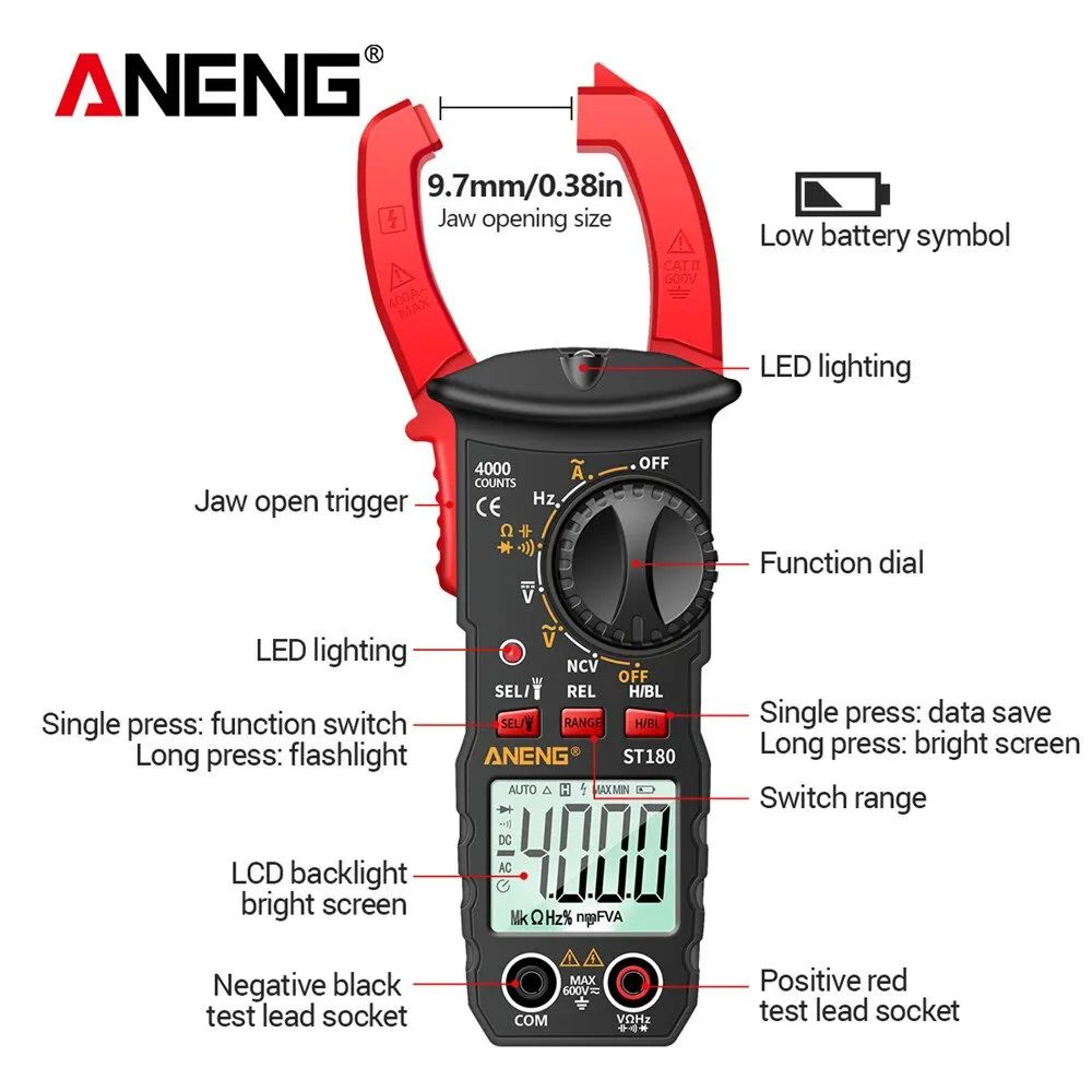 ANENG ST180 Clamp Meter 4000 Count  400A AC Ammeter Multimeter W NCV Hz  Capacitance 600V Tester 4