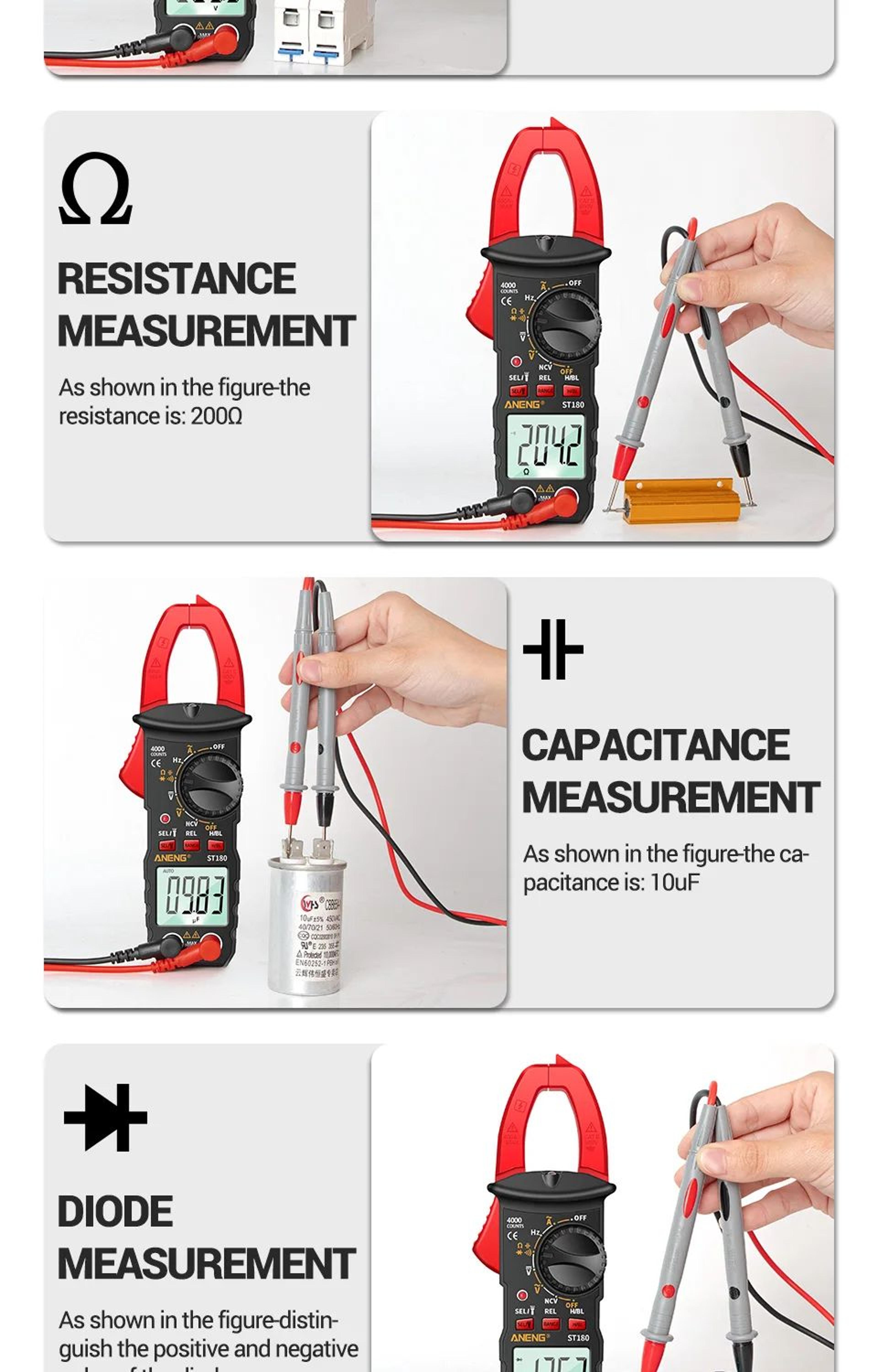 ANENG ST180 Clamp Meter 4000 Count  400A AC Ammeter Multimeter W NCV Hz  Capacitance 600V Tester 10